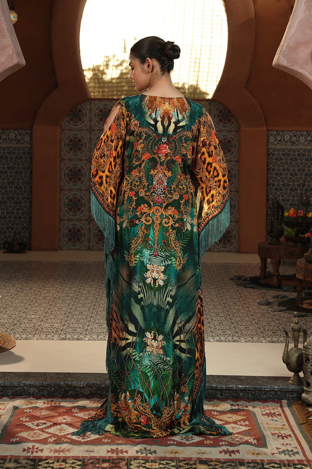 Teal & Golden Printed Kaftan Gown