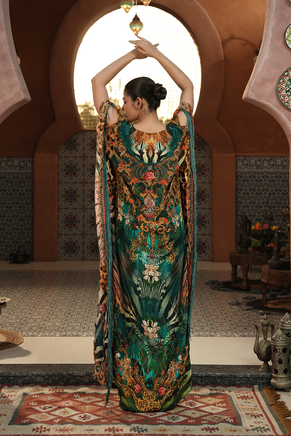 Teal & Golden Printed Kaftan Gown