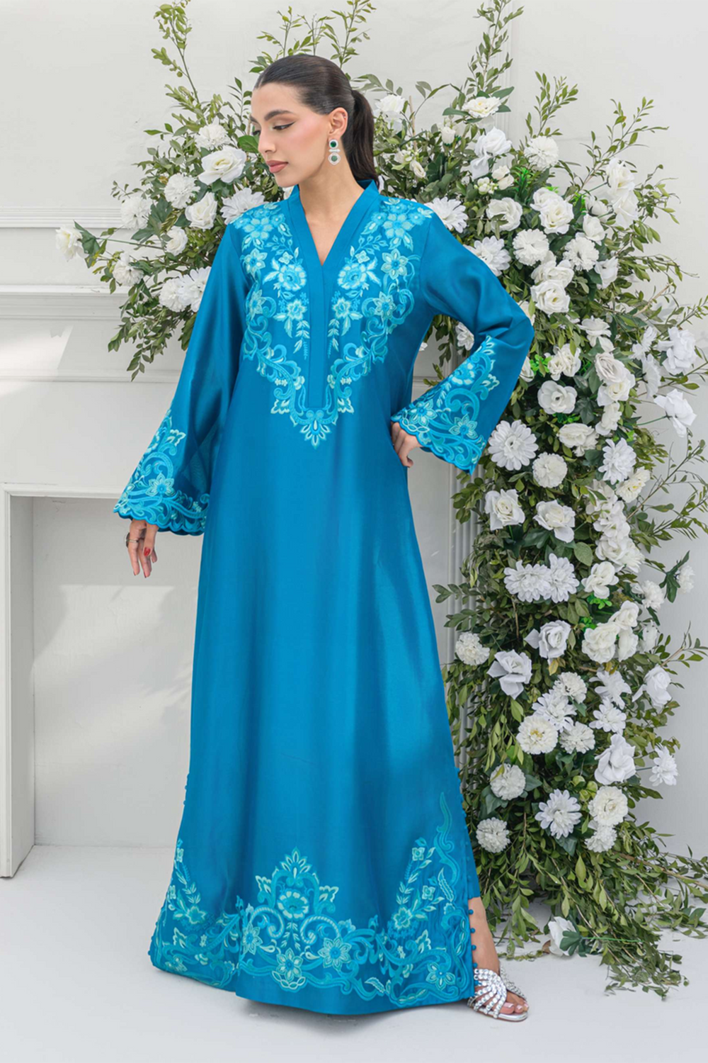 Teal Silk Embroidered Suit Sets