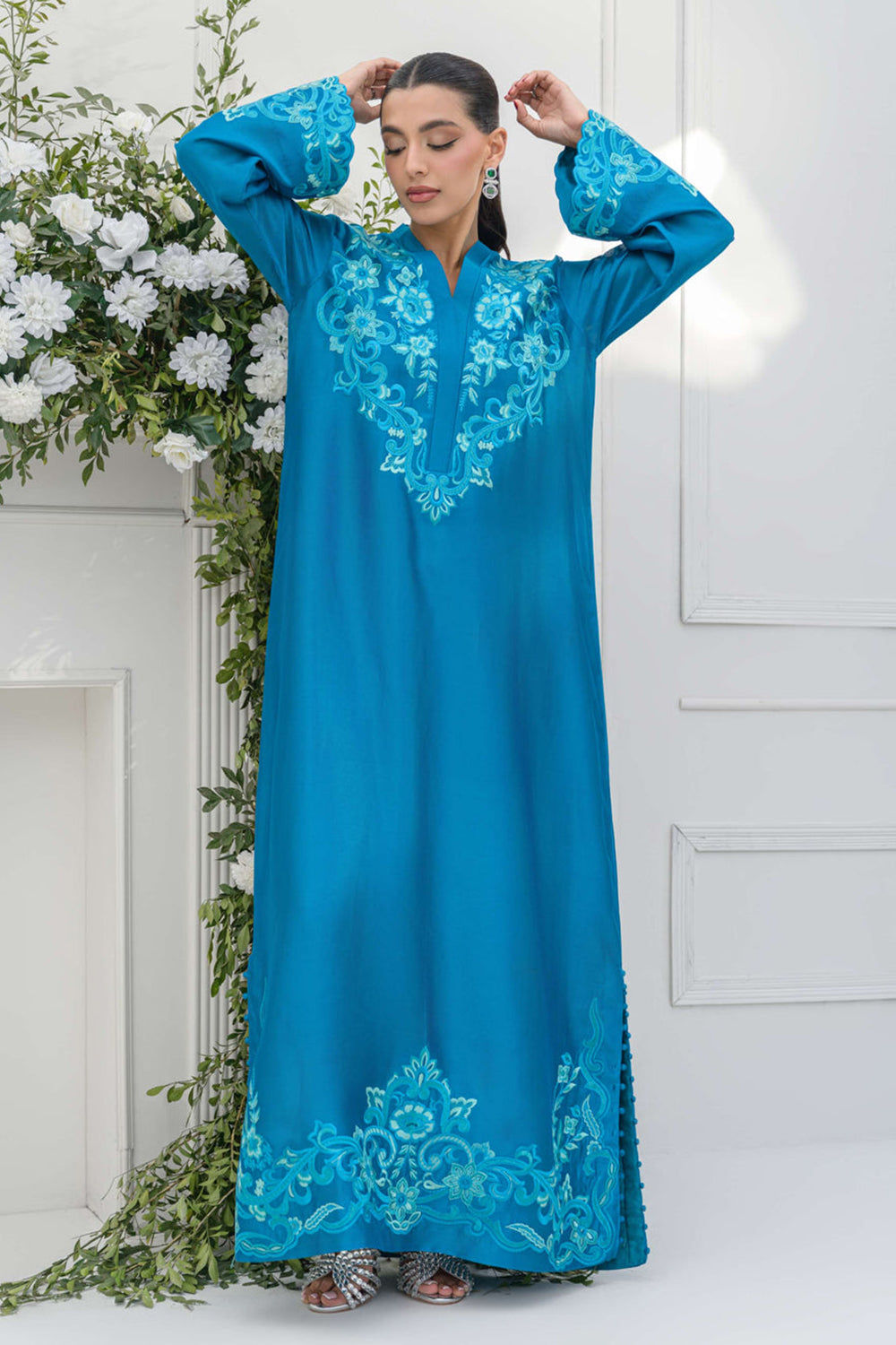 Teal Silk Embroidered Suit Sets