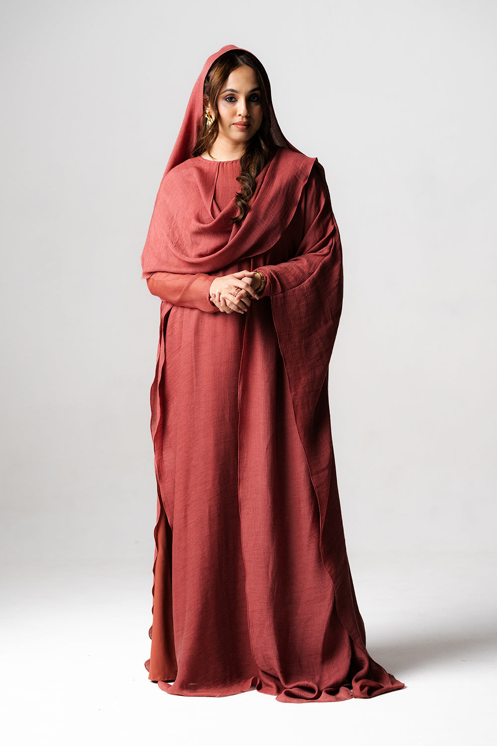 Terracotta Crinkled Kaftan with Draped Veil