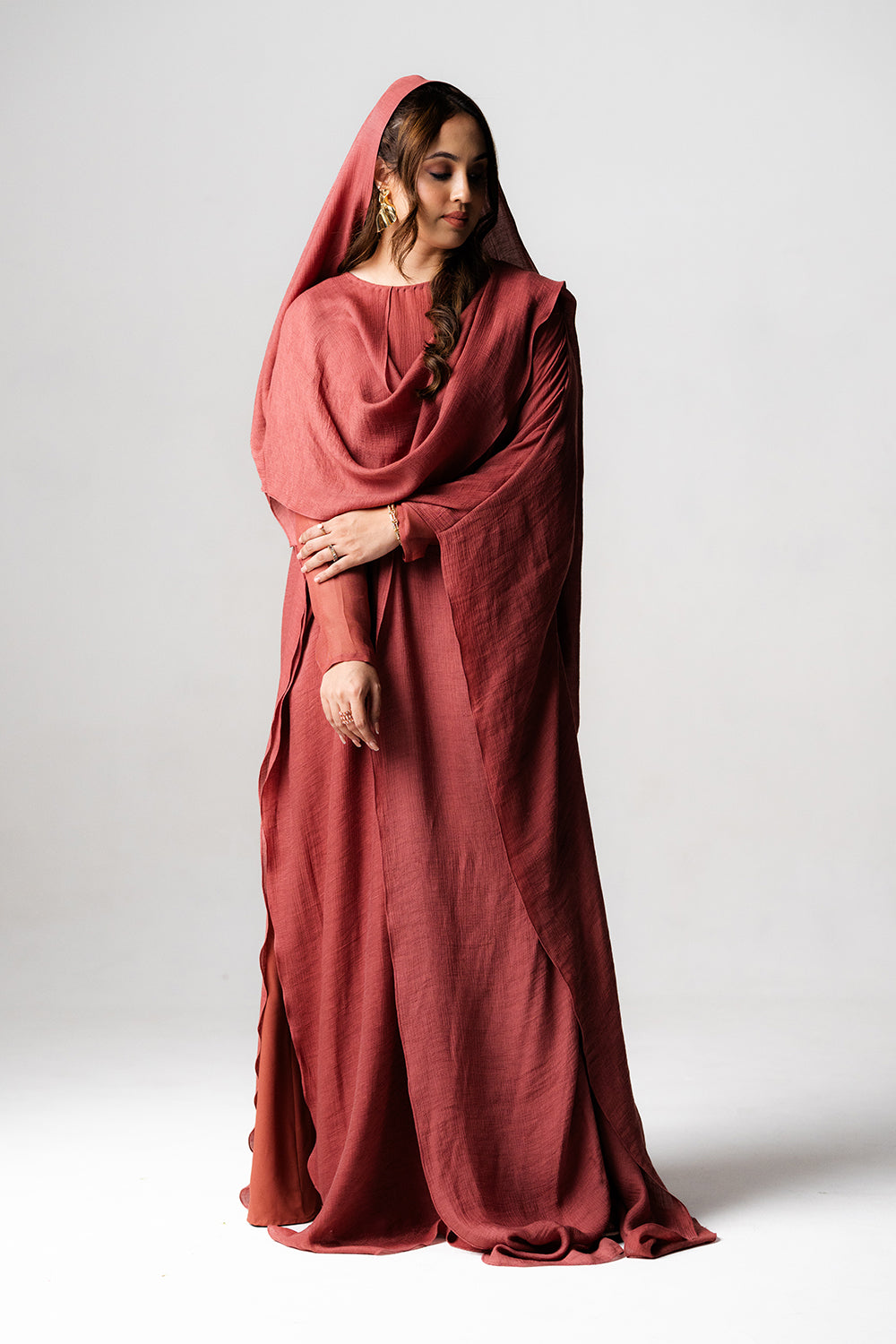 Terracotta Crinkled Kaftan with Draped Veil