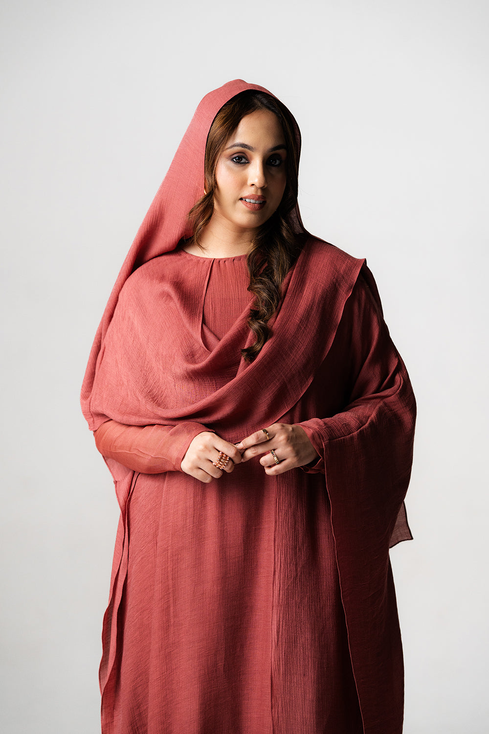 Terracotta Crinkled Kaftan with Draped Veil