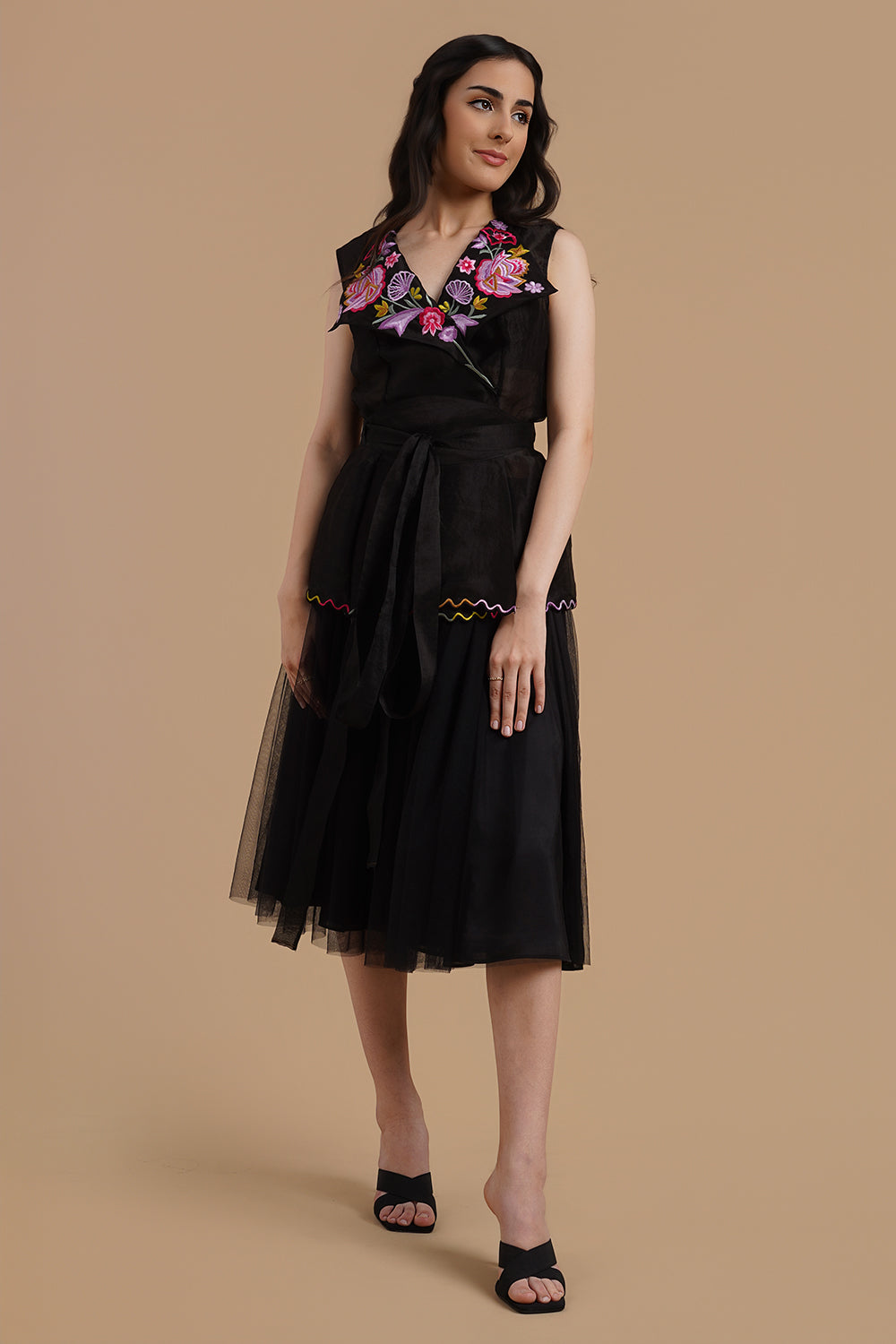 Tulle Skirt With Embroidered Jacket With Tie Around Belt