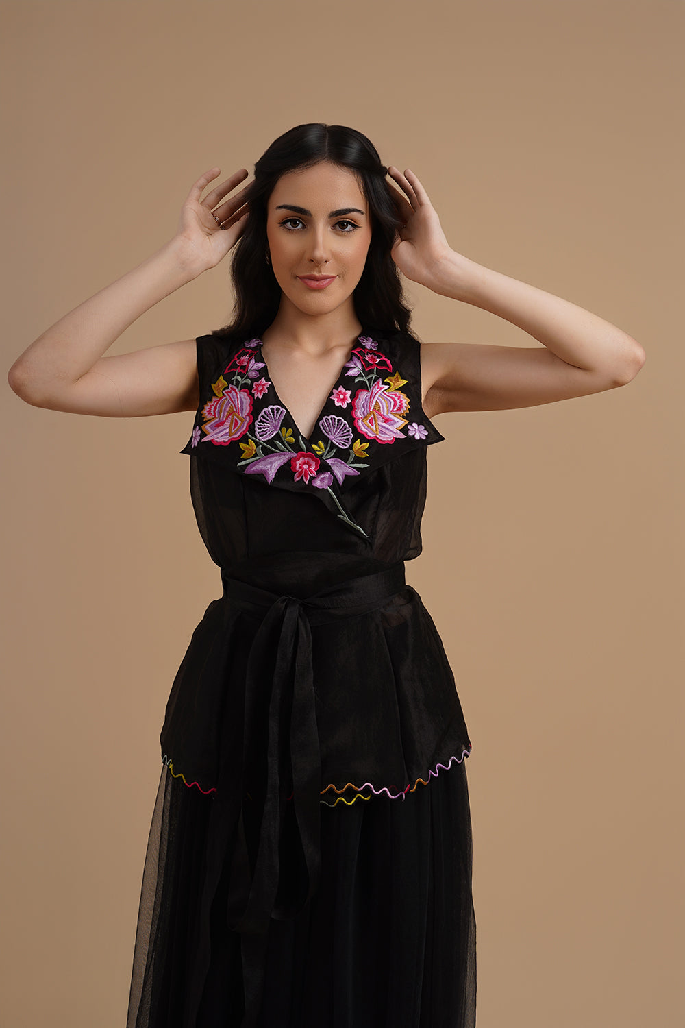 Tulle Skirt With Embroidered Jacket With Tie Around Belt