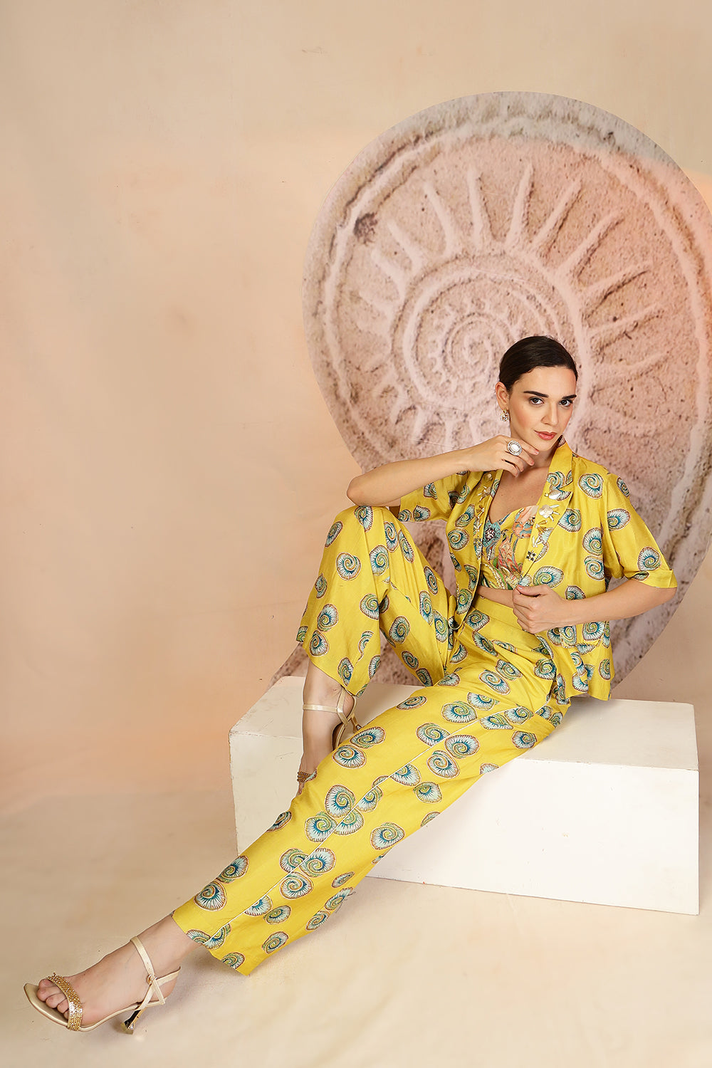 Vibrant Yellow 3-Piece Muslin Co-ord with Coral Print & Pearl Beadwork