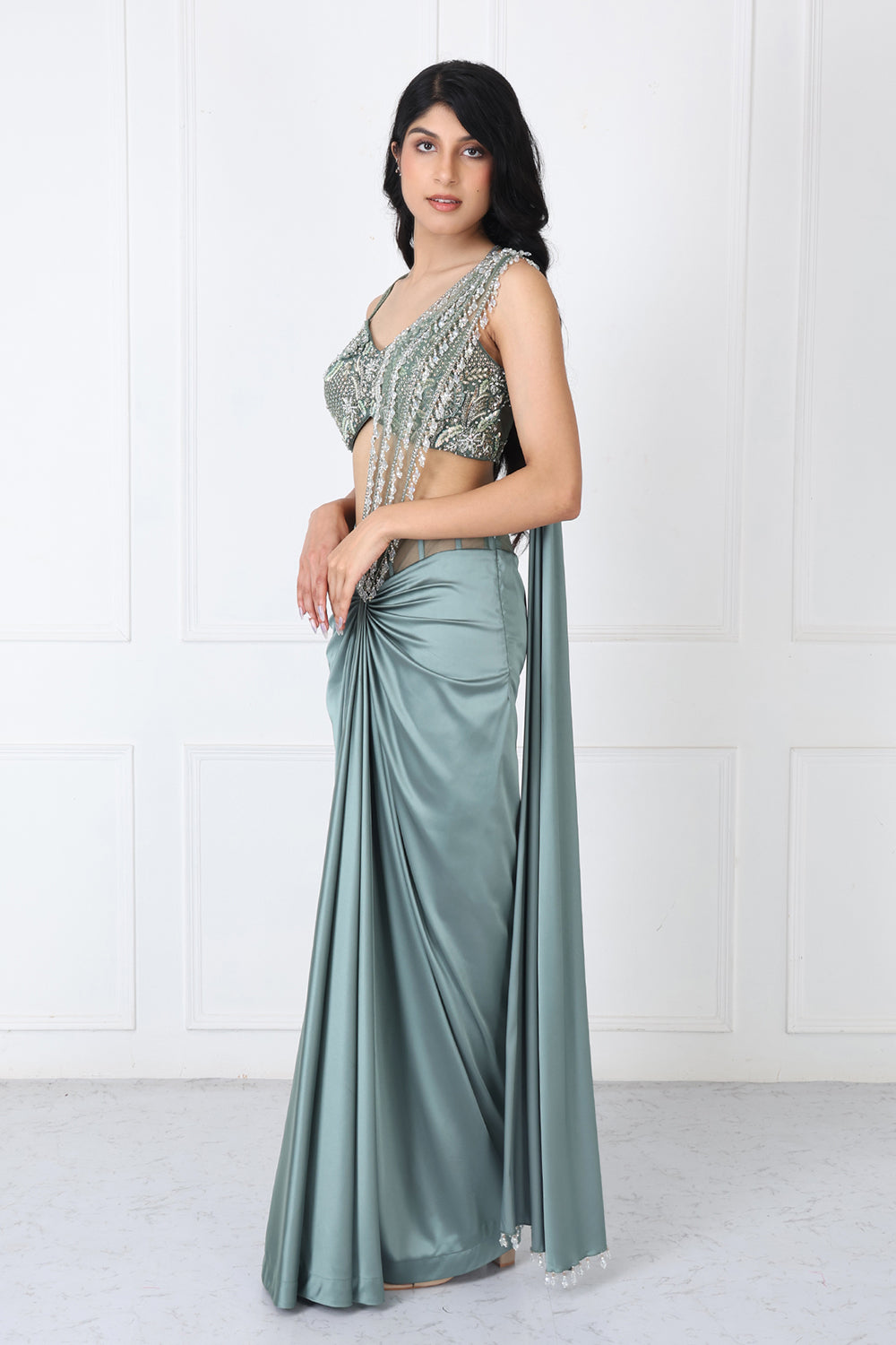 Viridian Green Drape Saree With Embroidered Blouse