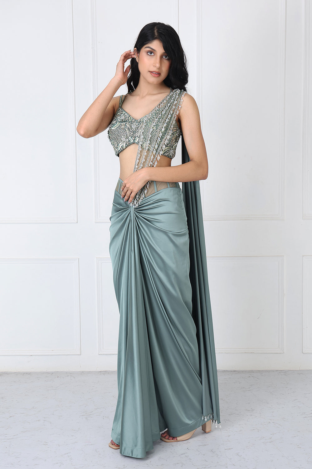 Viridian Green Drape Saree With Embroidered Blouse