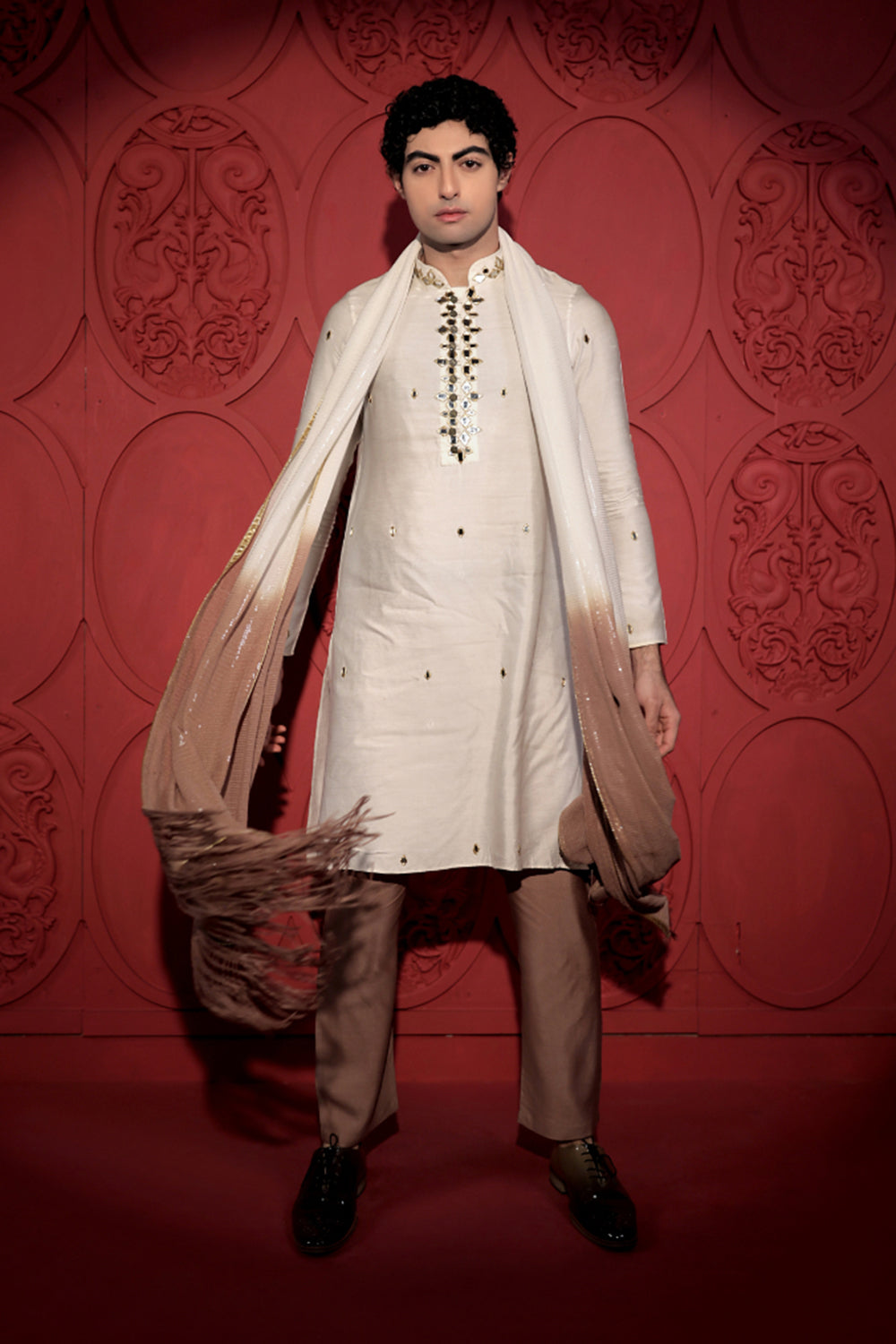 White and Gold Mirror Work Kurta Set