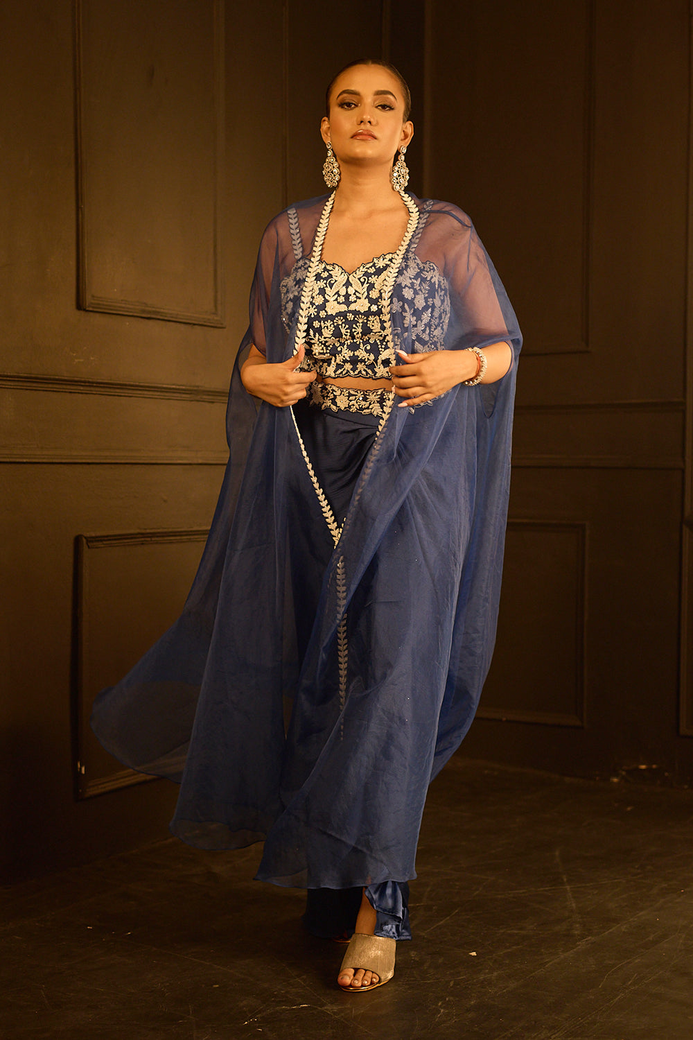 White Embellished Blue Chiffon Drape Skirt and Top Set With Organza Cape