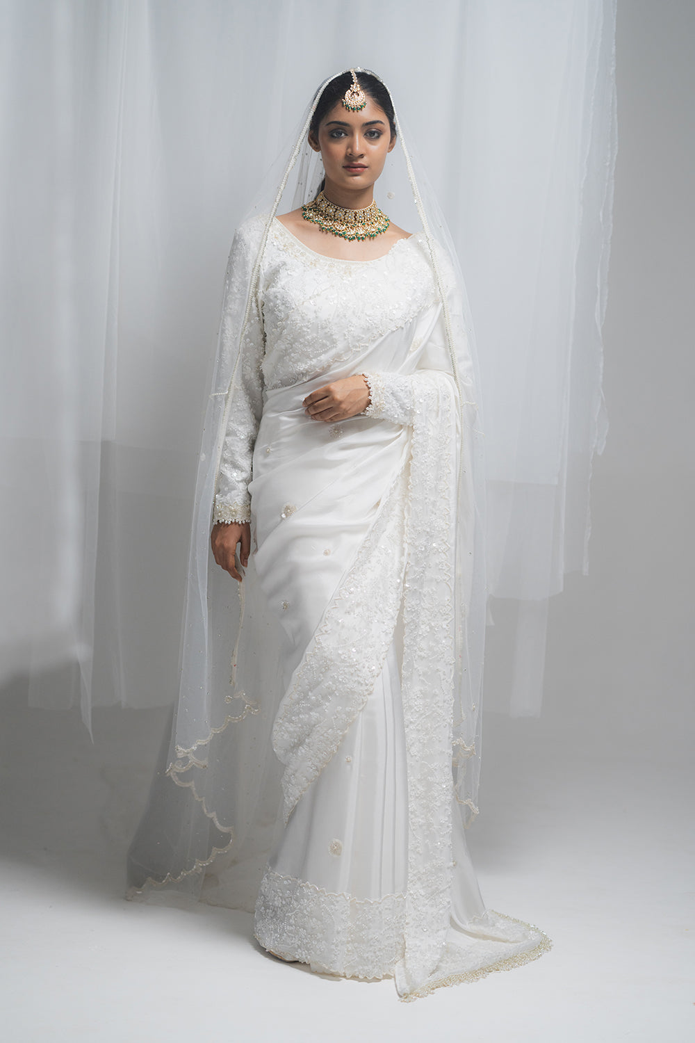 White Habutai Silk Saree with Embellished Net Blouse