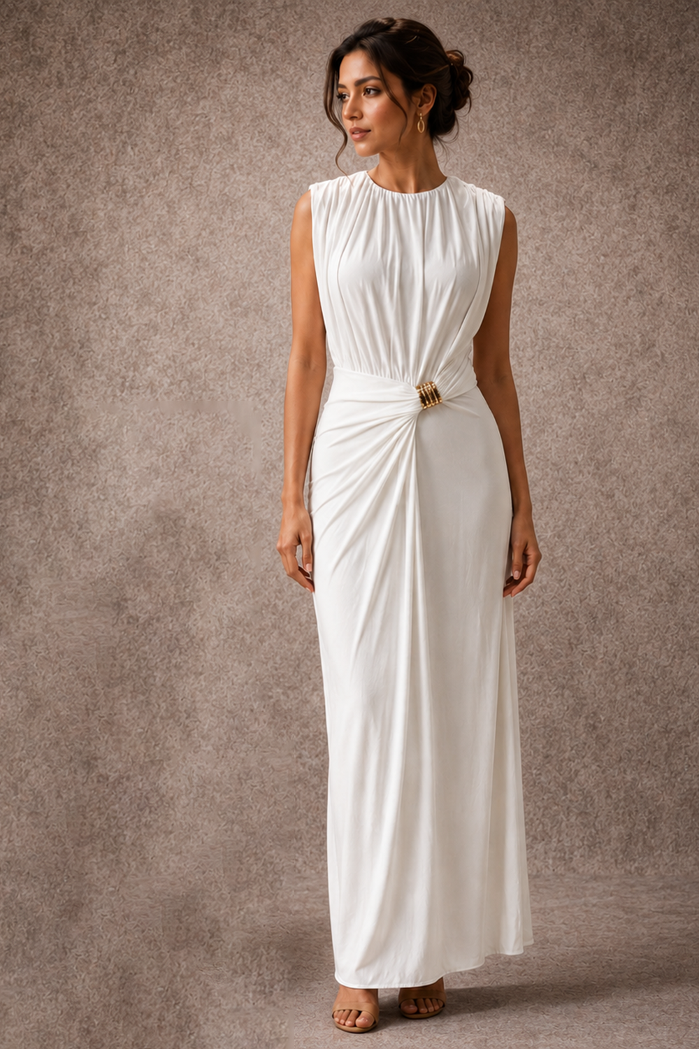 White Sleeveless Draped Maxi Dress