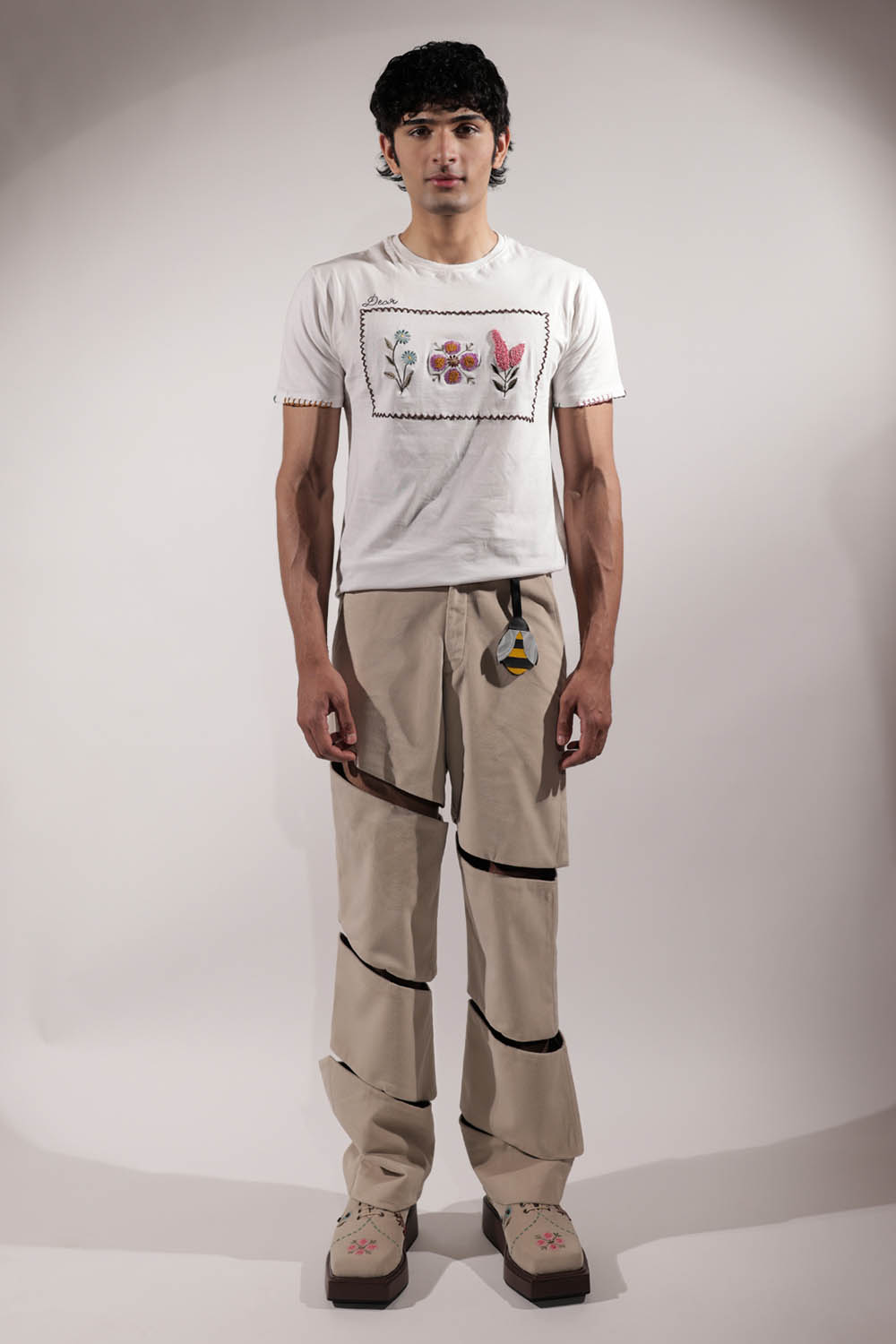 White T-shirt with Stamp-inspired Floral Embroidery
