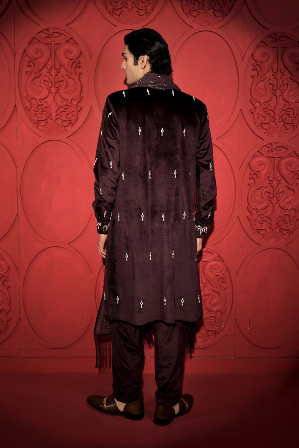 Wine and White Mirror Work Kurta Set