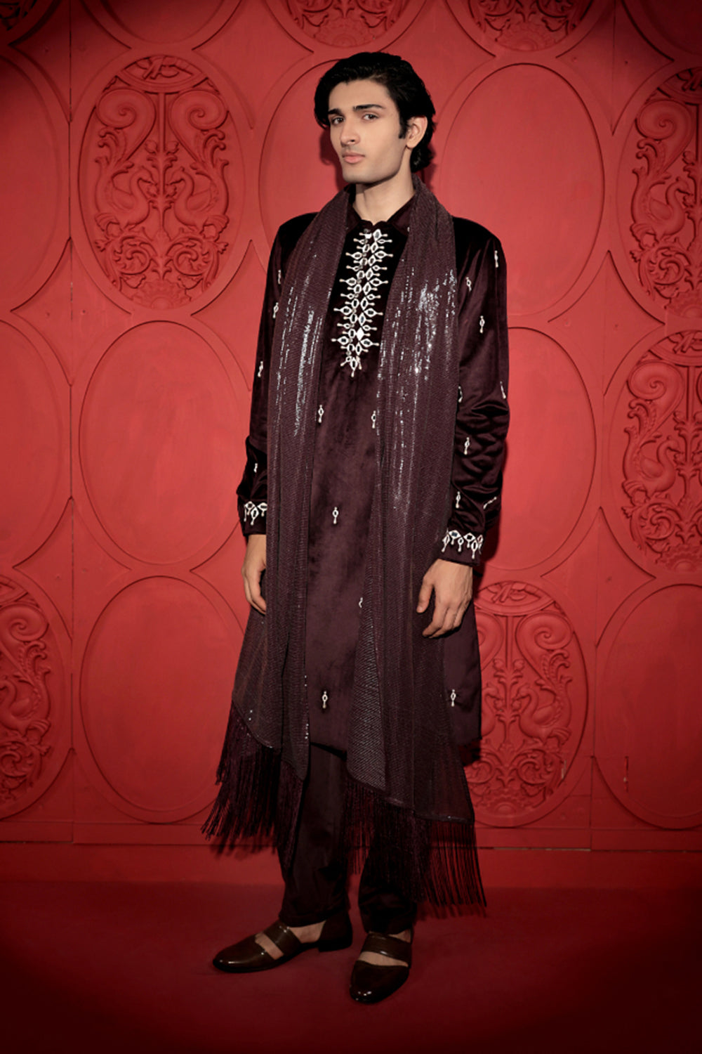 Wine and White Mirror Work Kurta Set
