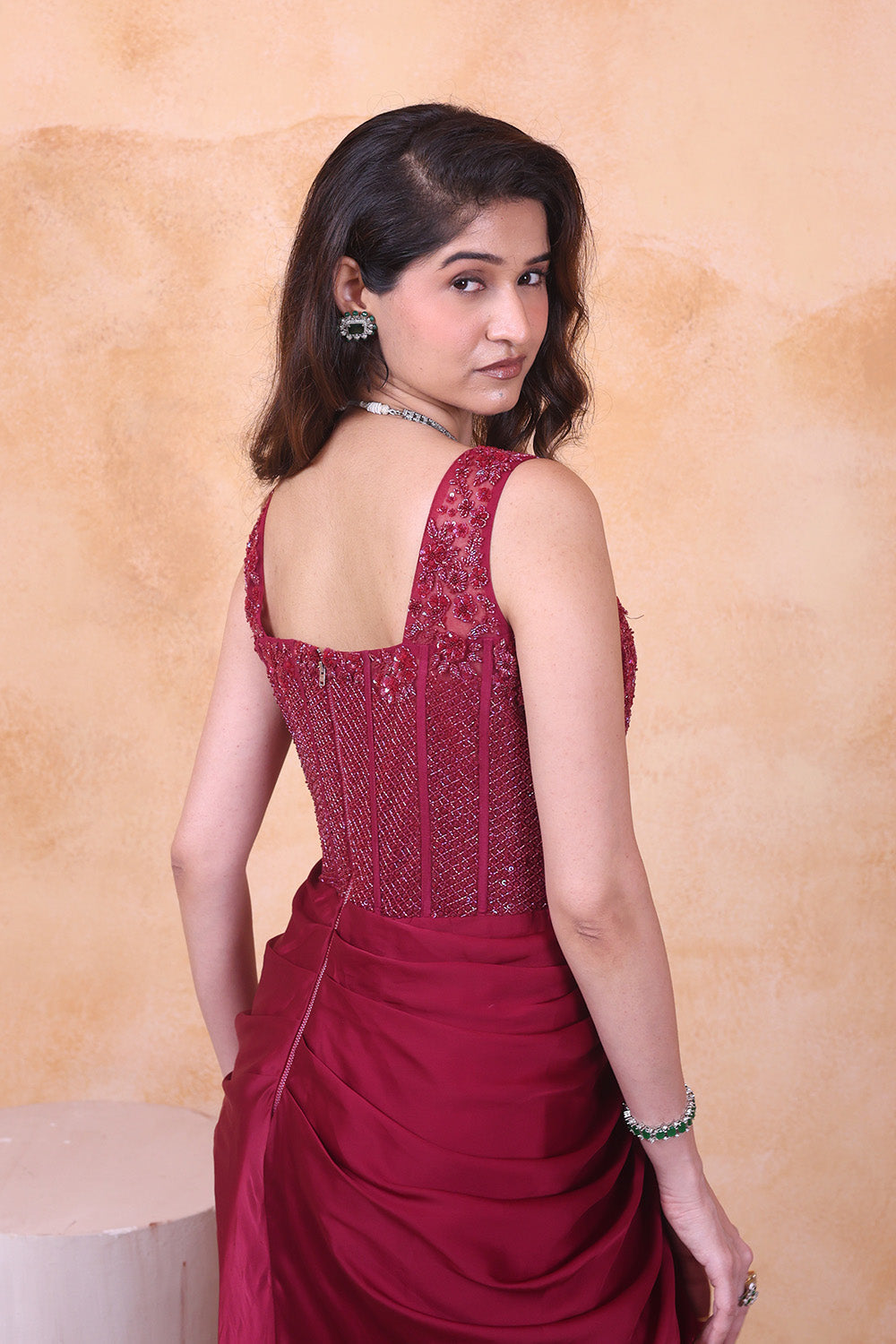 Wine Draped Skirt and Corset Net Blouse Set