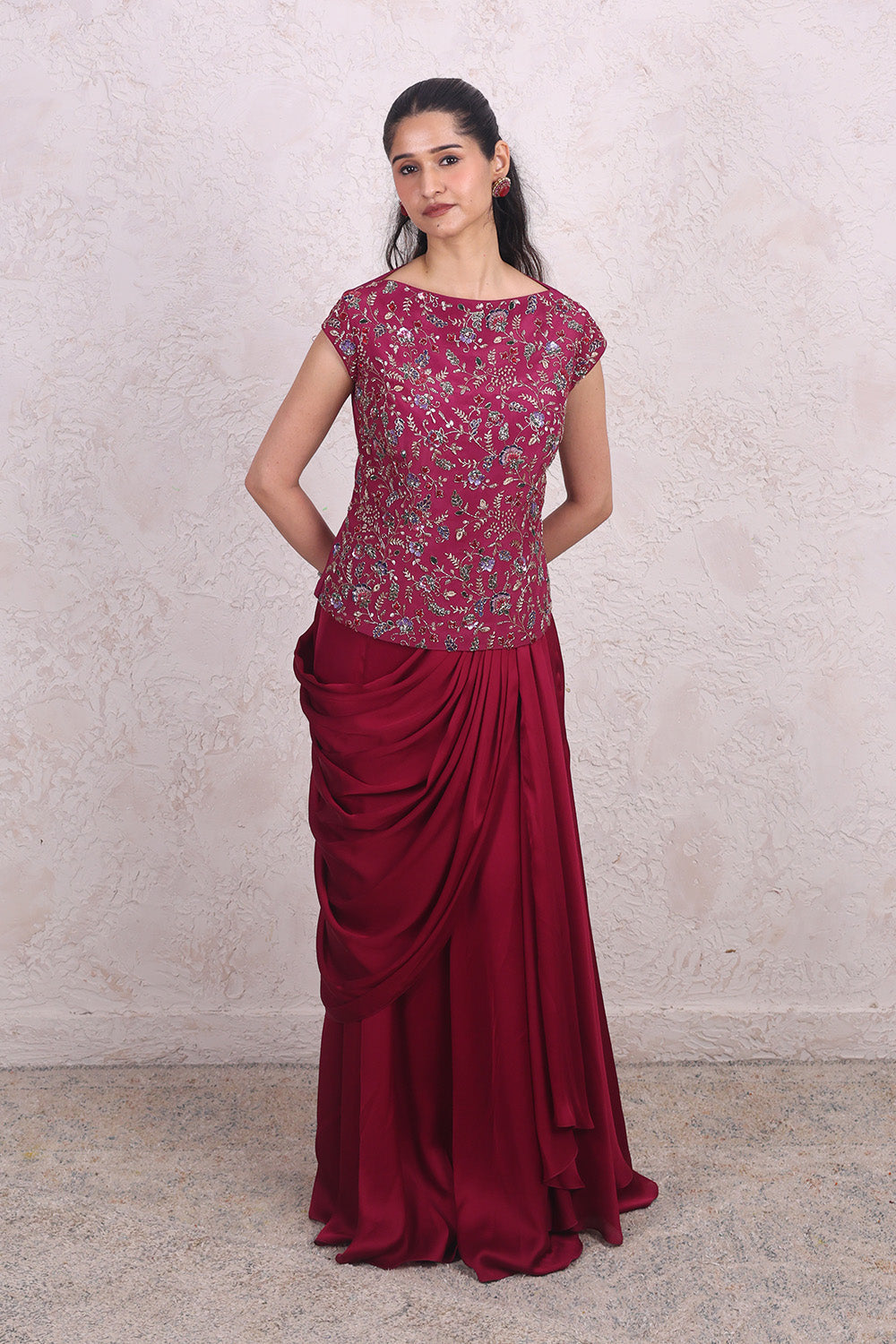 Wine Draped Skirt and Crepe Blouse Set