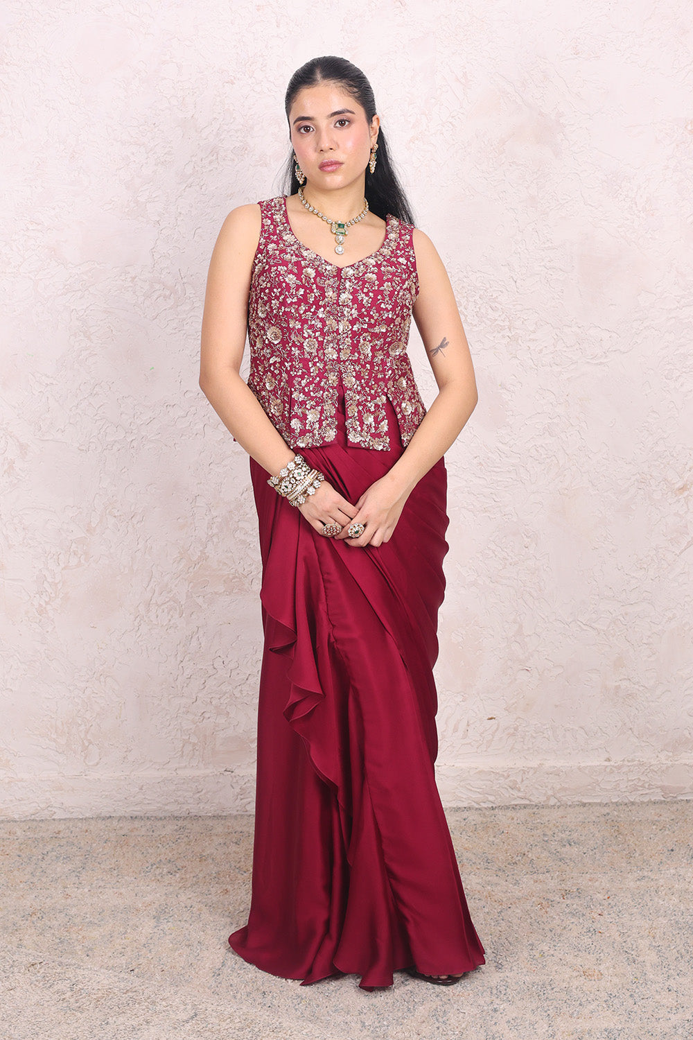 Wine Draped Skirt and Embellished Blouse Set