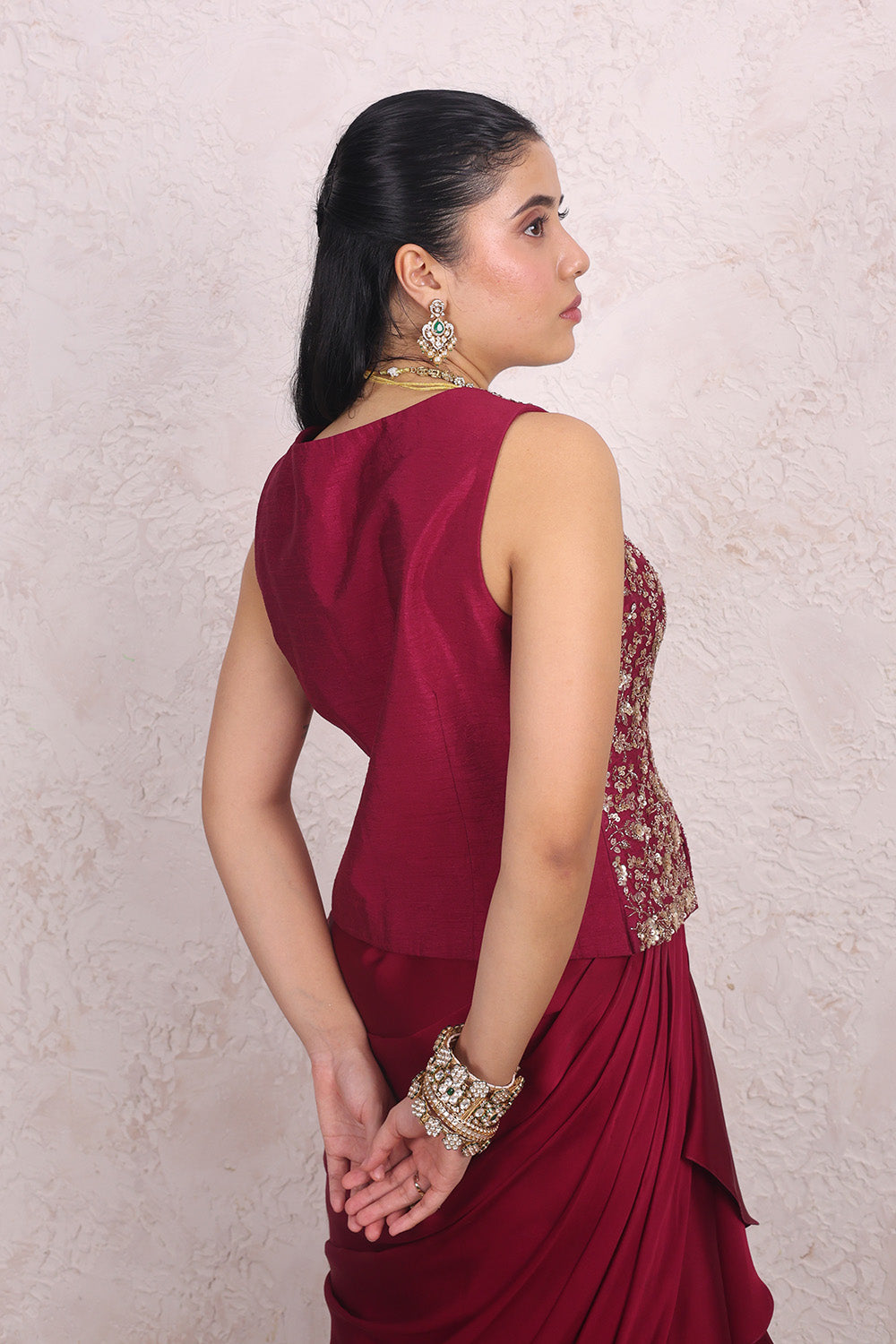 Wine Draped Skirt and Embellished Blouse Set