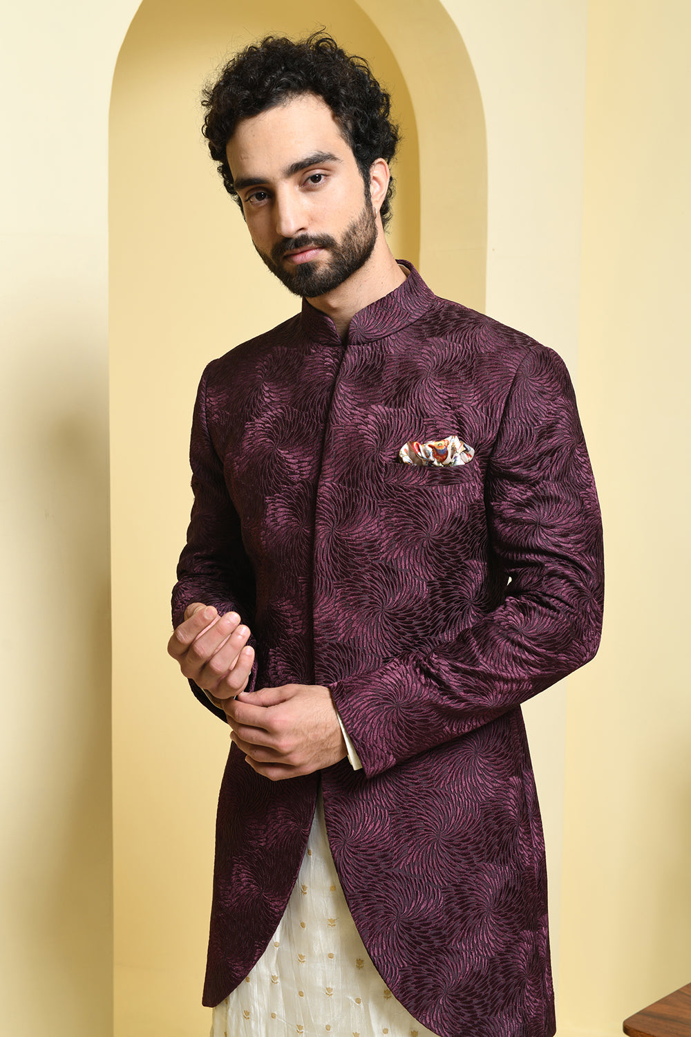 Wine Indowestern with Asymmetrical Kurta Pants