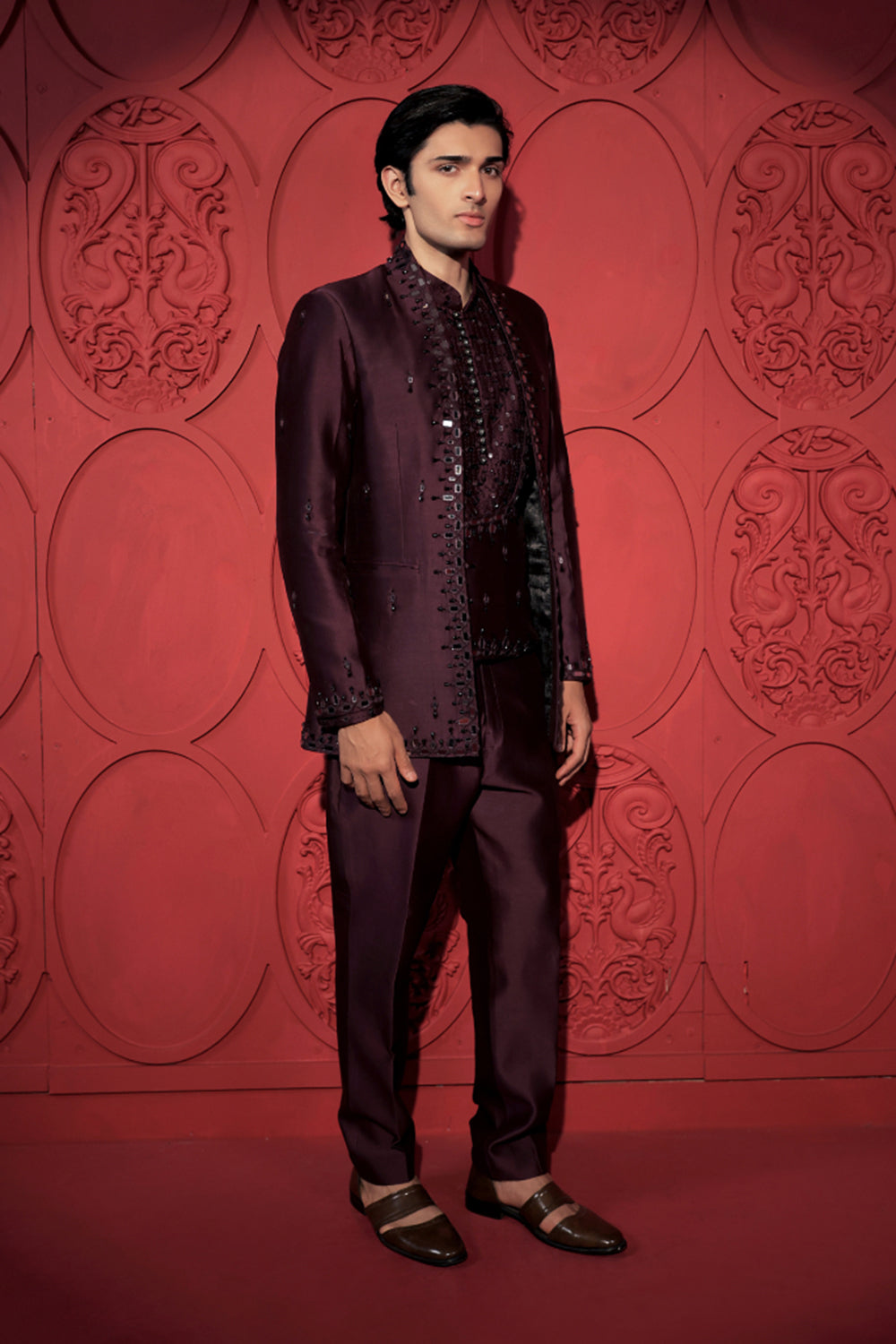 Wine Mirror Work Jacket Set