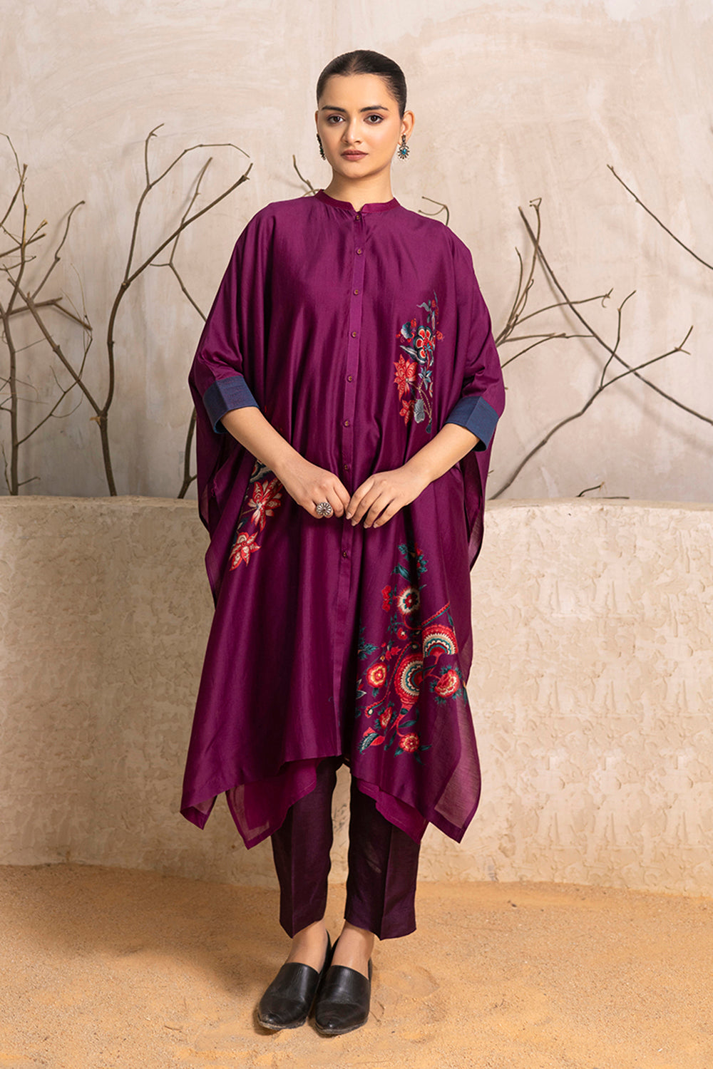 Wine Silk Chanderi Printed Kaftan Style Dress