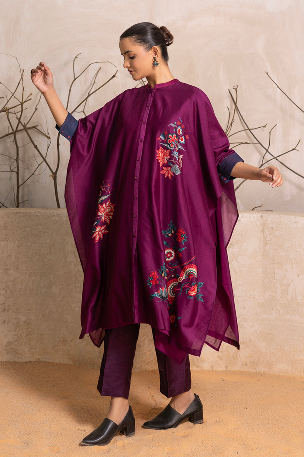 Wine Silk Chanderi Printed Kaftan Style Dress