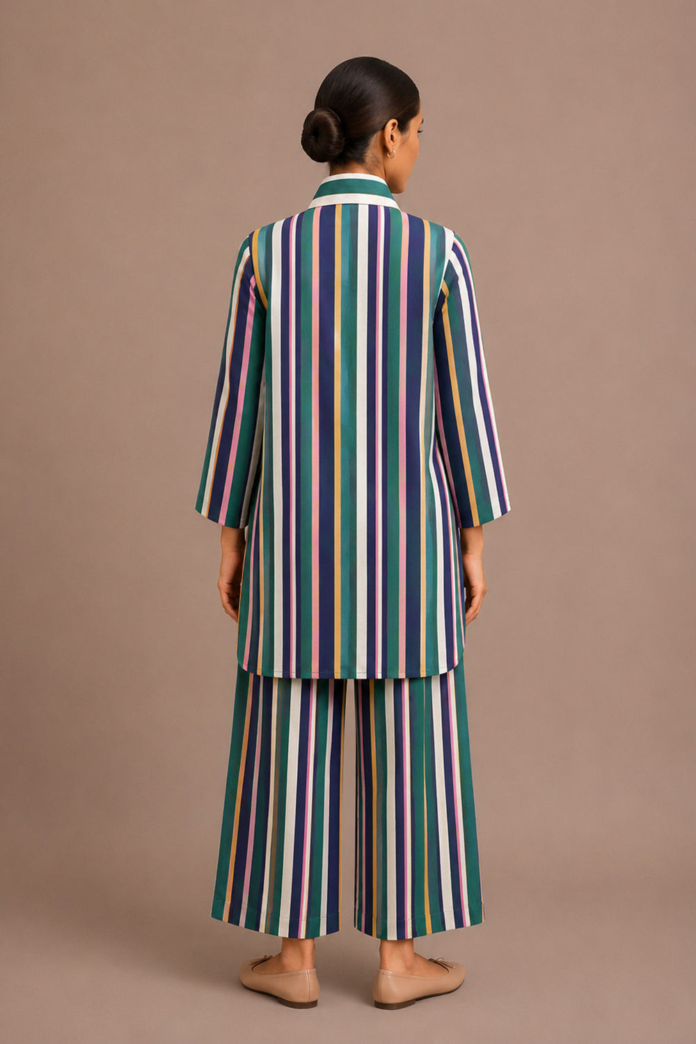 Women's Vertical Stripe Matching Shirt & Wide-Leg Pants Set