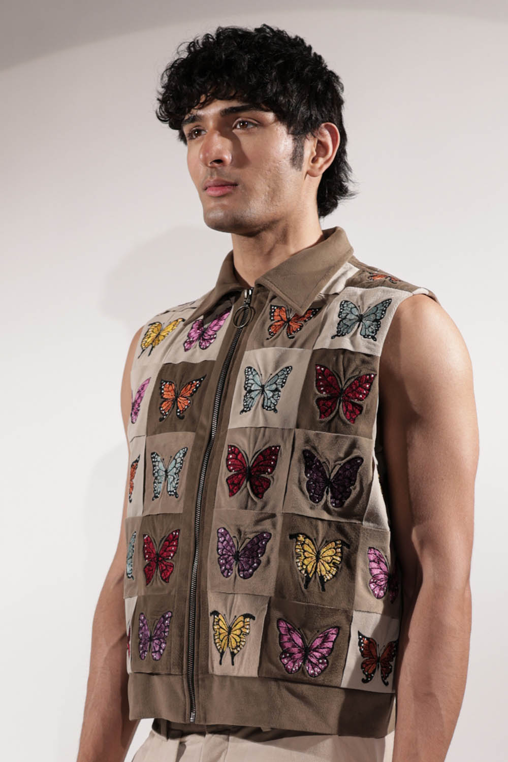 Woven Sleeveless Jacket with embroidered butterflies