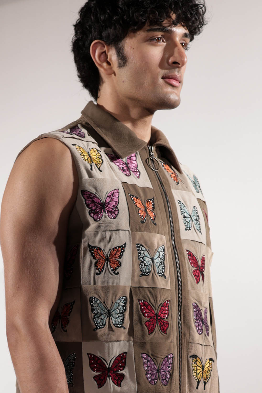 Woven Sleeveless Jacket with embroidered butterflies
