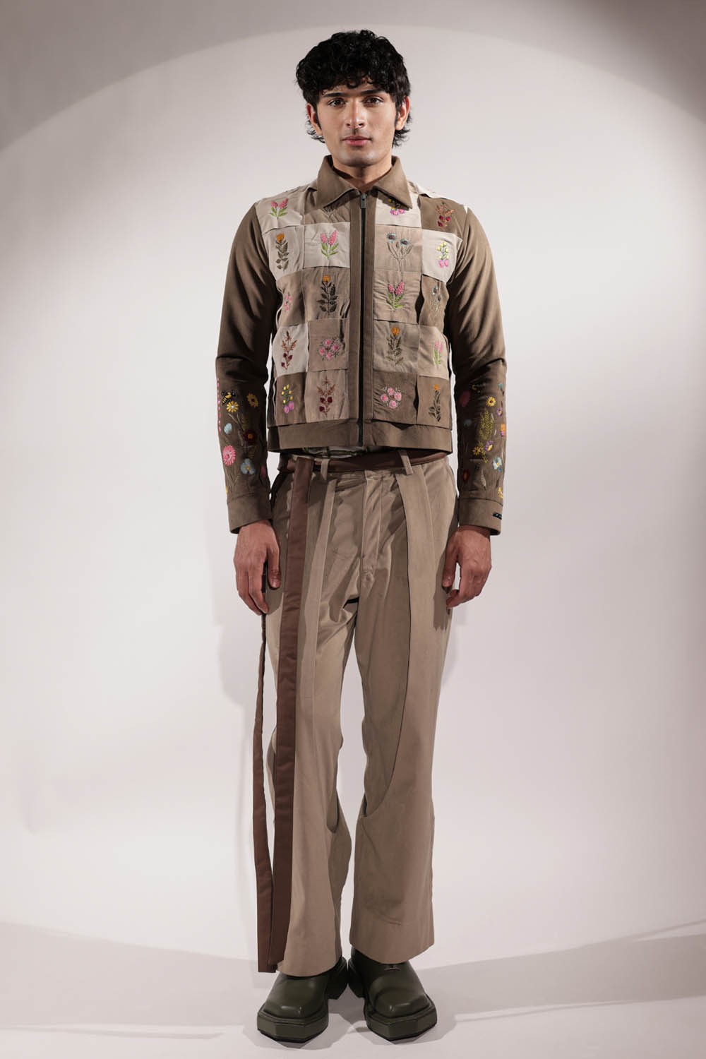Woven Suede jacket with stamp-inspired floral embroidery