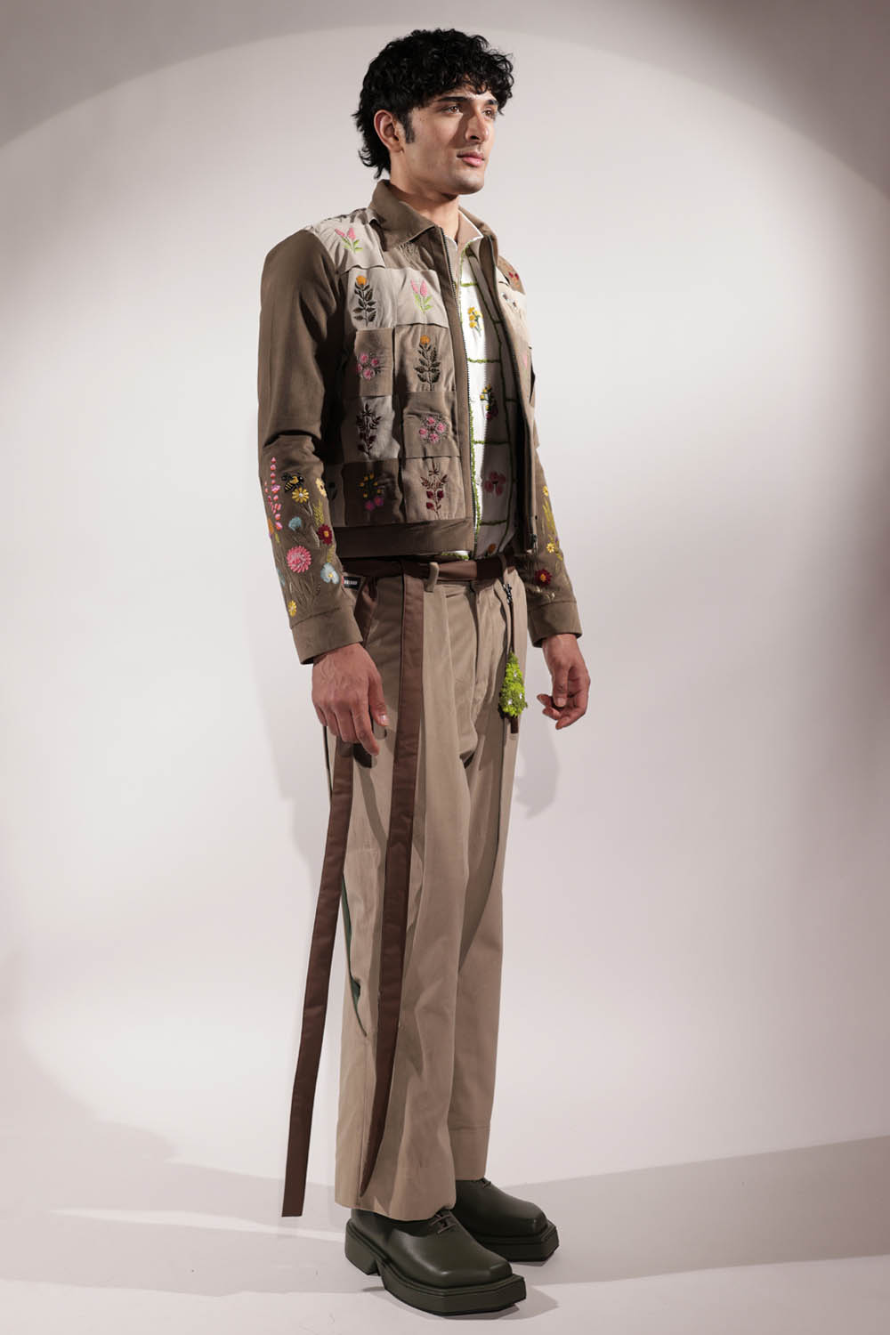 Woven Suede jacket with stamp-inspired floral embroidery