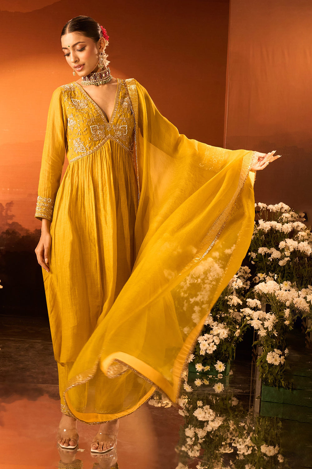Yellow Anarkali Set With Pant And Dupatta