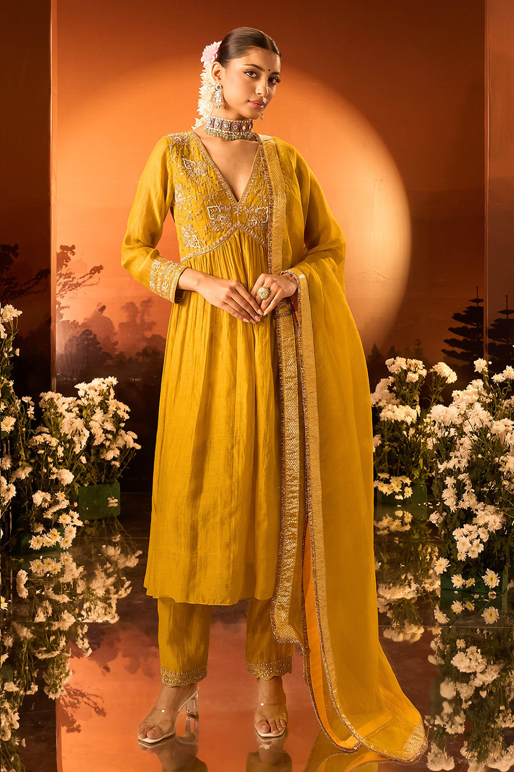 Yellow Anarkali Set With Pant And Dupatta