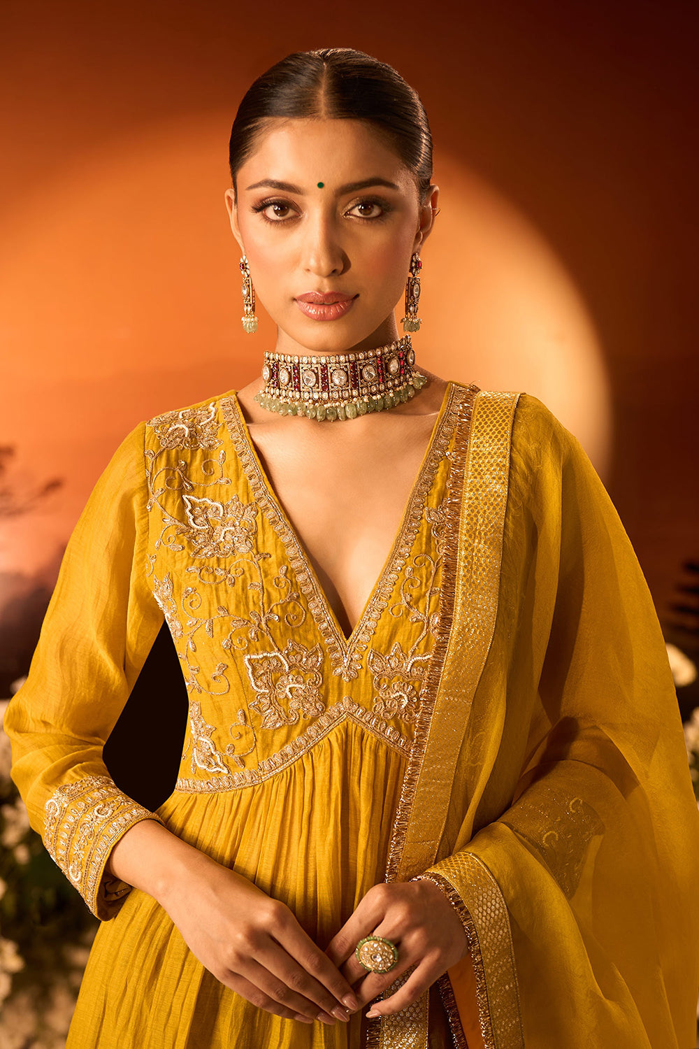 Yellow Anarkali Set With Pant And Dupatta