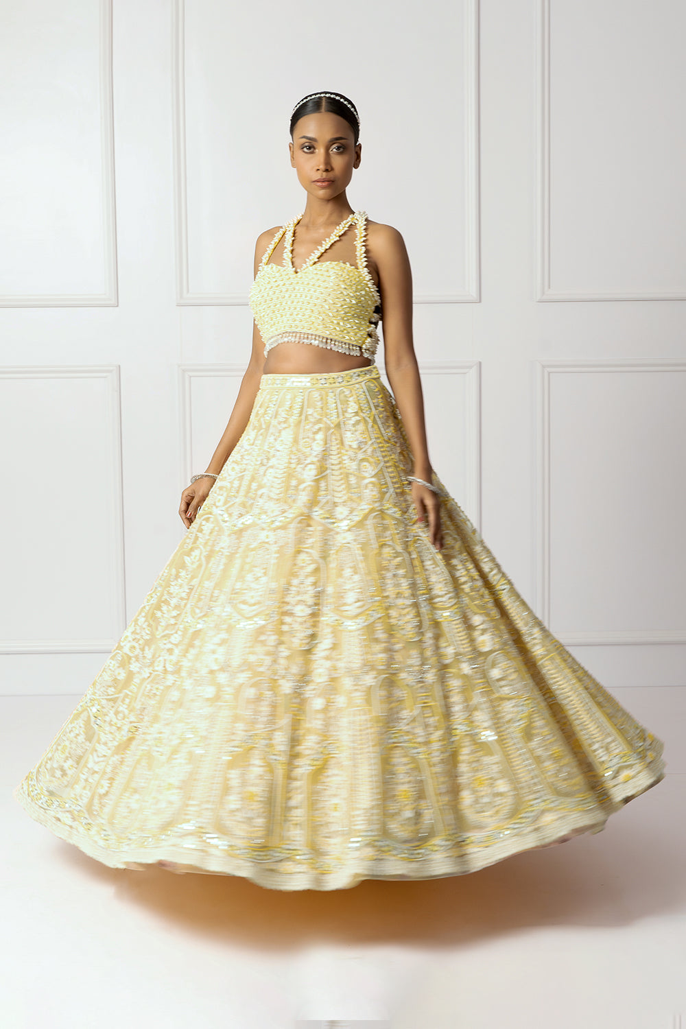 Yellow and ivory floral lehenga