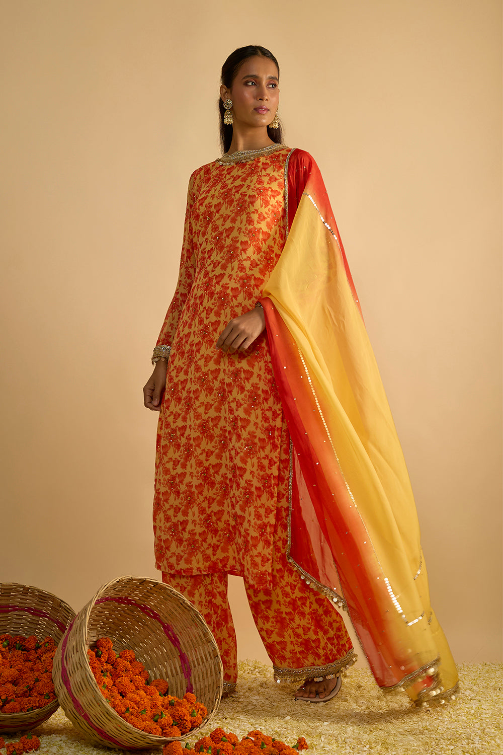 Yellow and Orange Floral Printed Hand Embroidered Kurta Set in Georgette with Shaded Chitta work Organza Dupatta