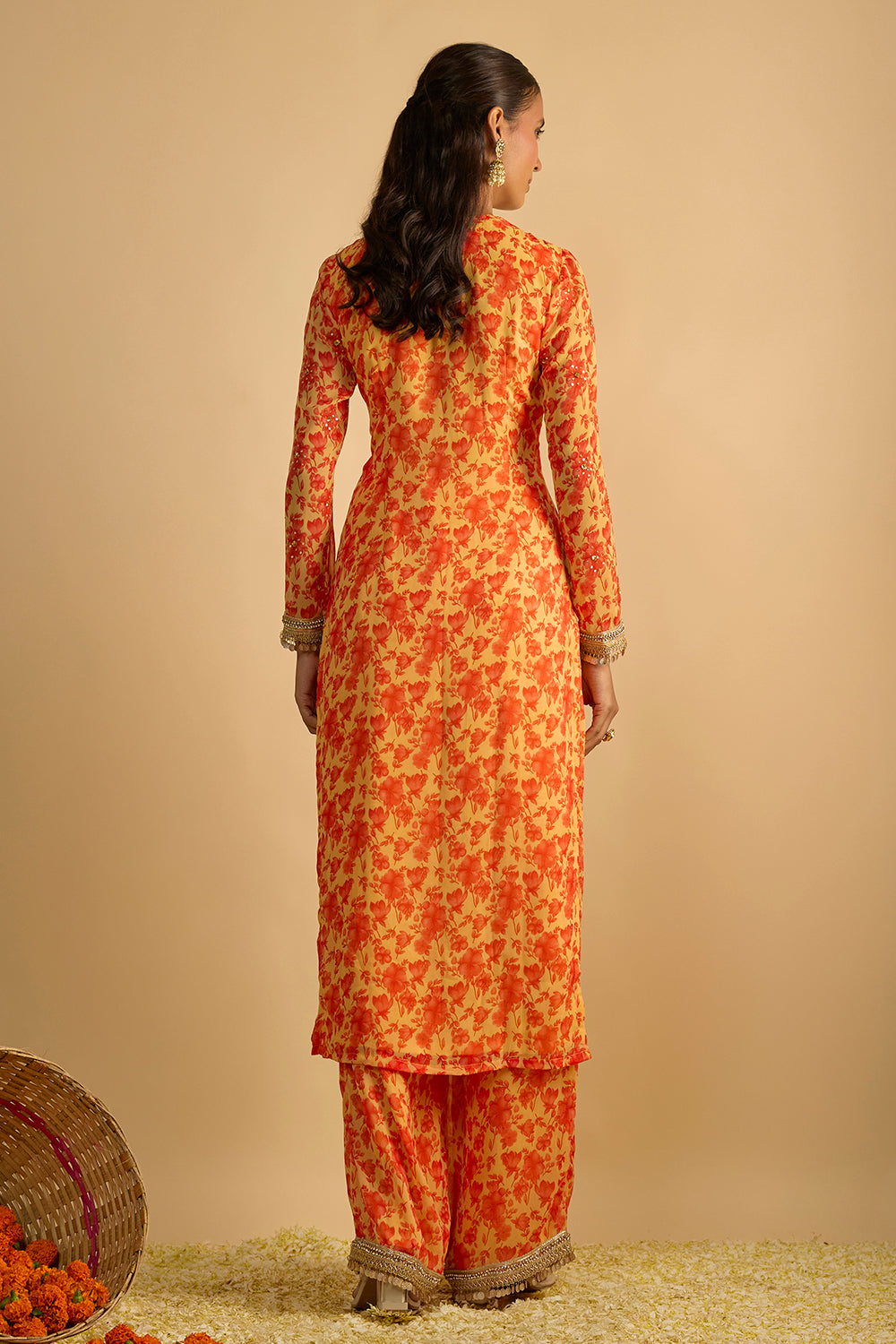 Yellow and Orange Floral Printed Hand Embroidered Kurta Set in Georgette with Shaded Chitta work Organza Dupatta