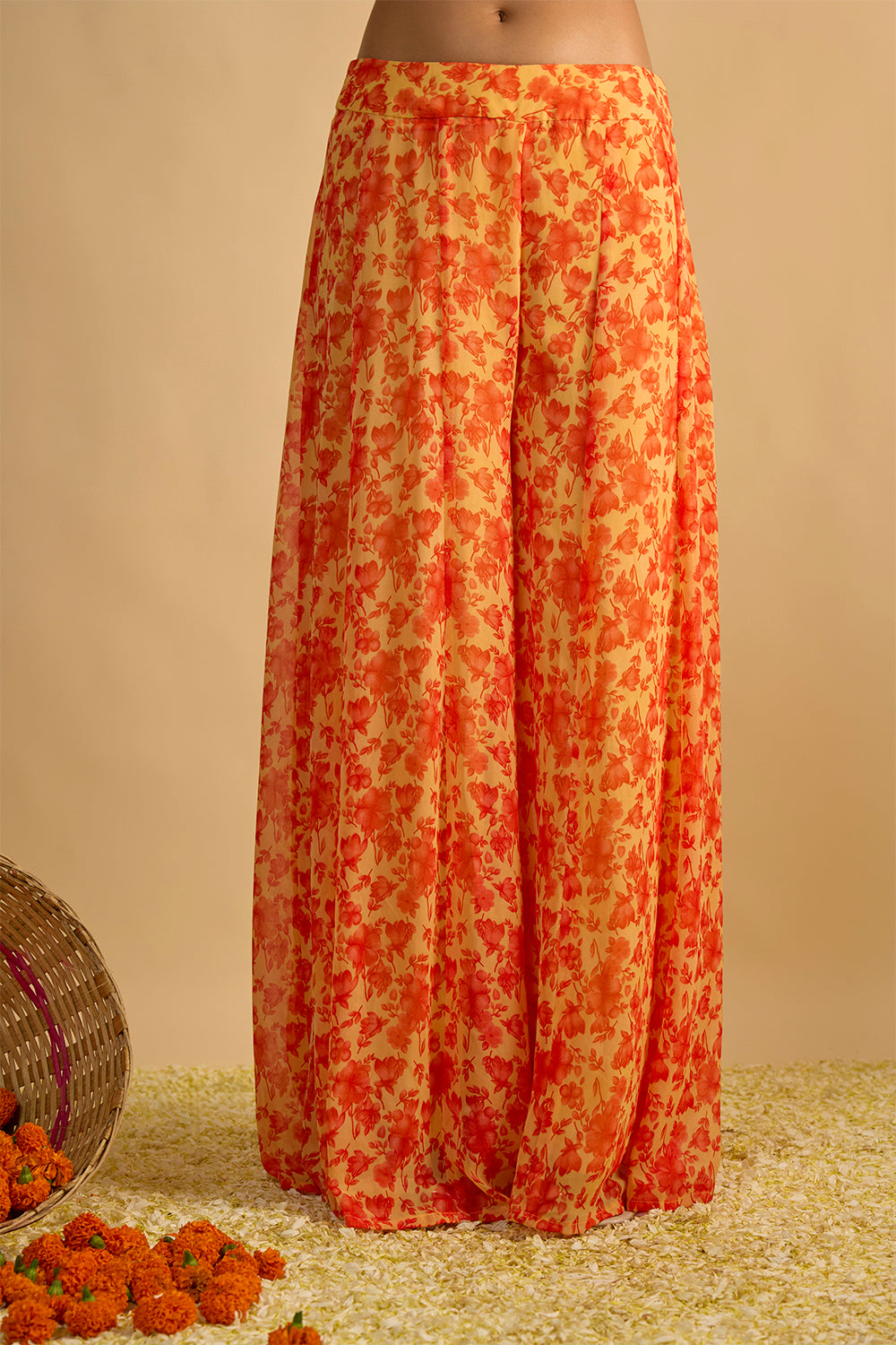 Yellow and Orange Floral Printed Hand Embroidered Kurta Set in Georgette with Shaded Chitta work Organza Dupatta