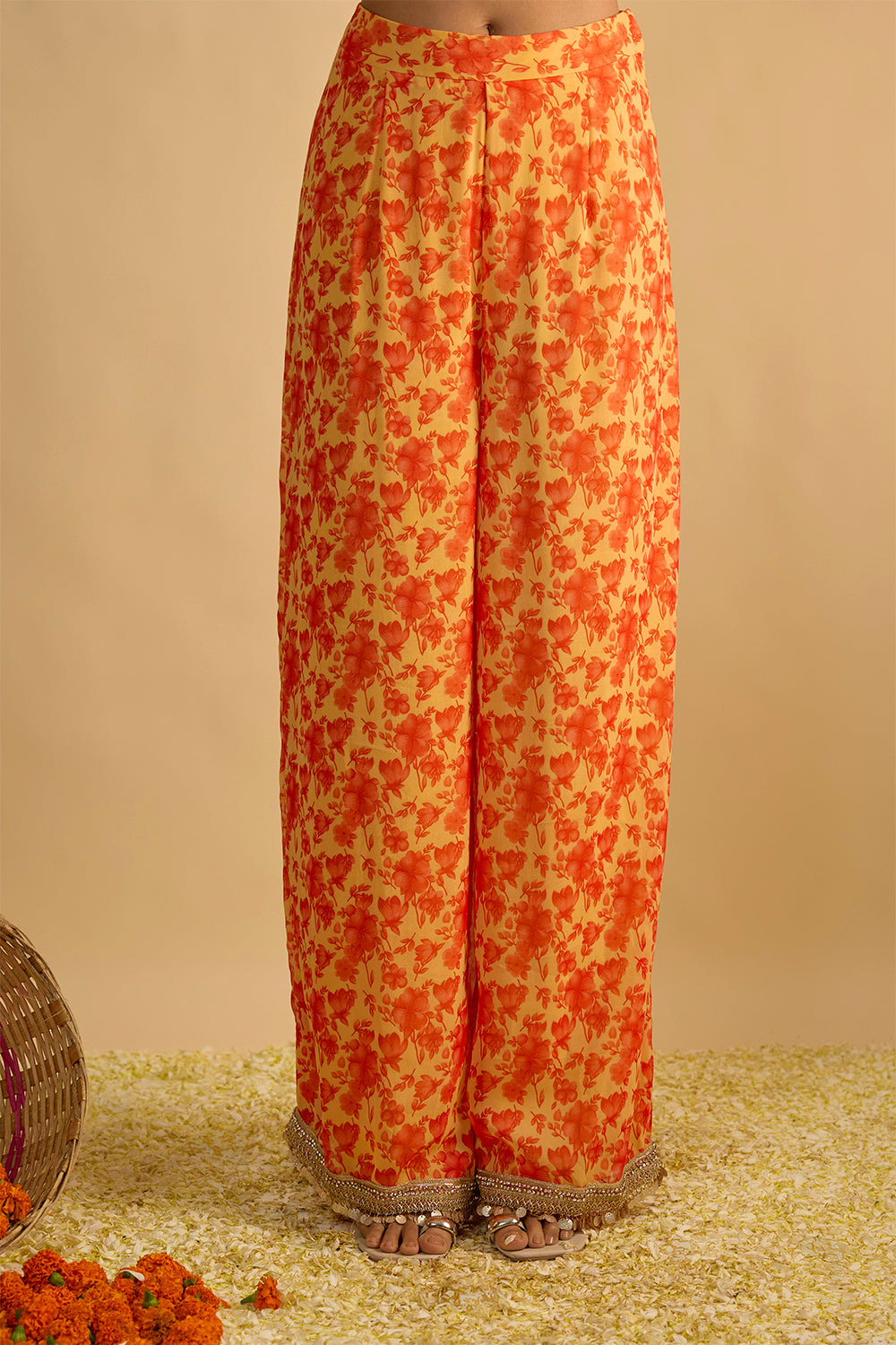 Yellow and Orange Floral Printed Hand Embroidered Kurta Set in Georgette with Shaded Chitta work Organza Dupatta