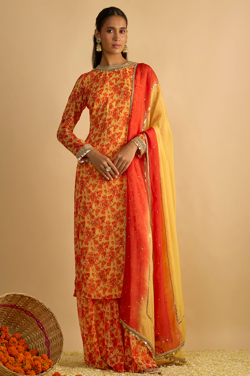 Yellow and Orange Floral Printed Hand Embroidered Palazzo Set in Georgette with Shaded Chitta work Organza Dupatta