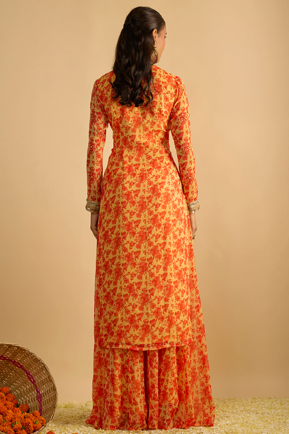 Yellow and Orange Floral Printed Hand Embroidered Palazzo Set in Georgette with Shaded Chitta work Organza Dupatta