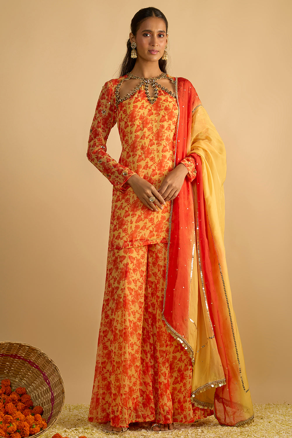 Yellow and Orange Floral Printed Hand Embroidered Short Kurta Set in Georgette with Shaded Chitta work Organza Dupatta