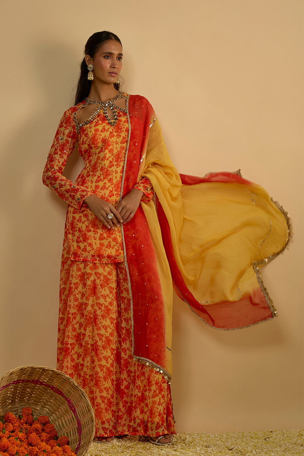 Yellow and Orange Floral Printed Hand Embroidered Short Kurta Set in Georgette with Shaded Chitta work Organza Dupatta