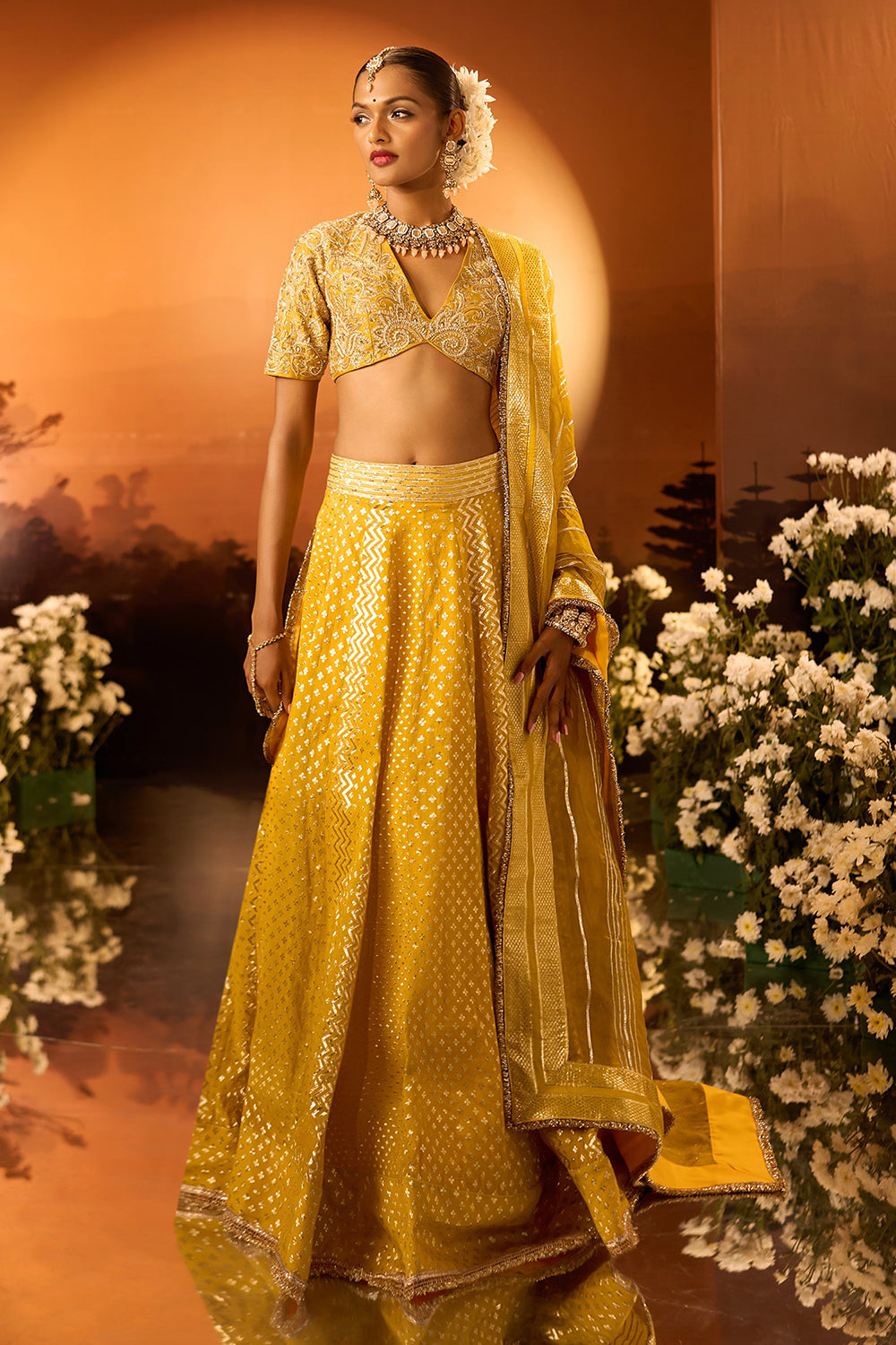 Yellow Banarasi Chanderi Lehenga Set