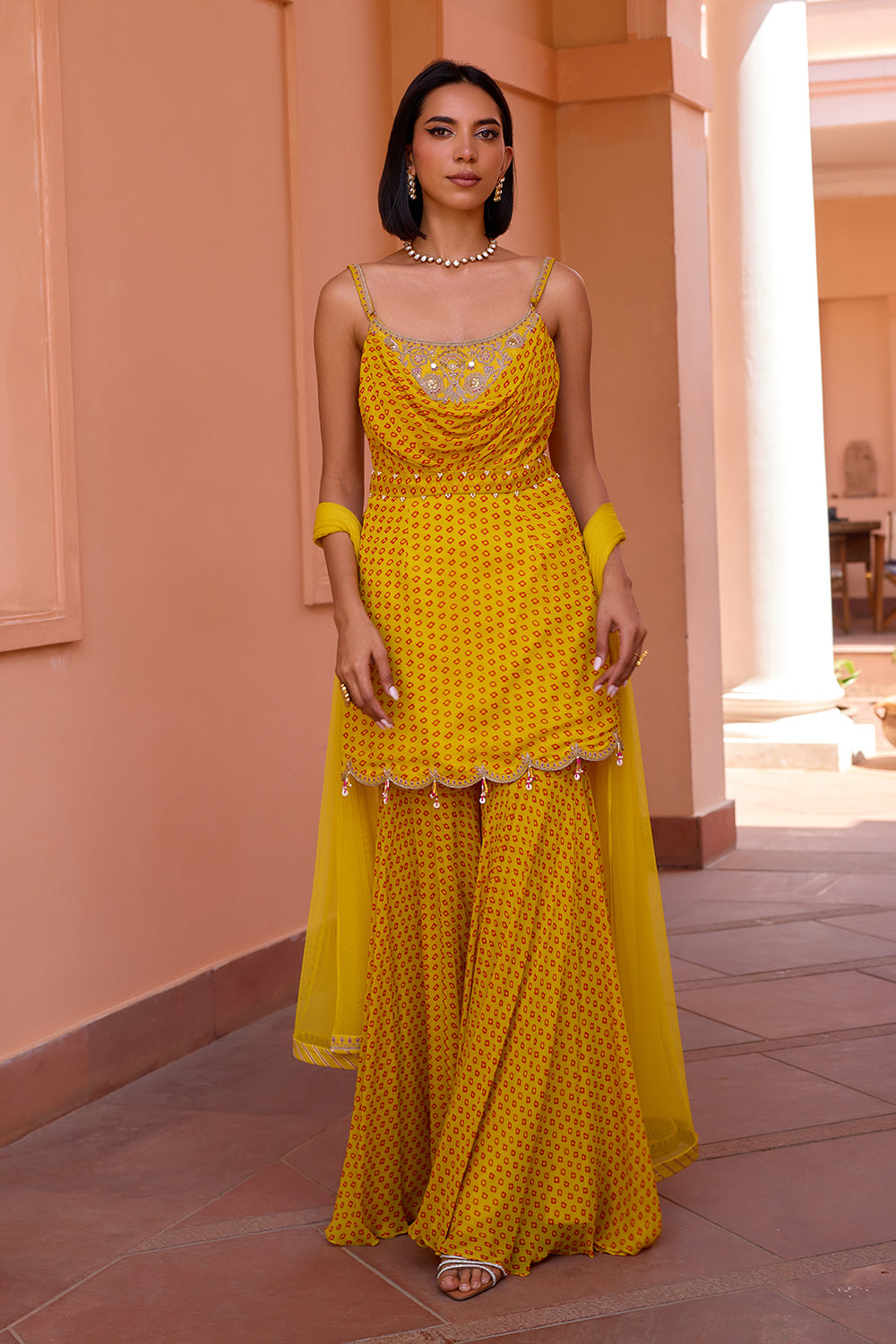 Yellow bandhani embroidered sharara set with dupatta