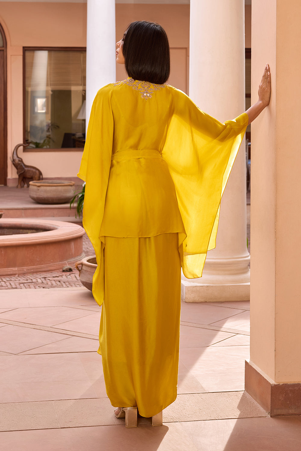 Yellow embroidered kaftan top with belt and bustier