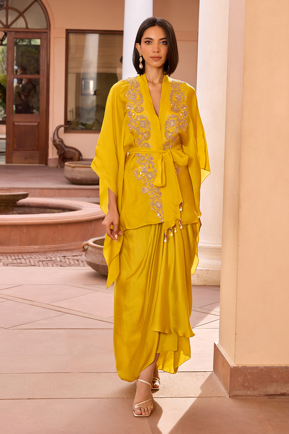Yellow embroidered kaftan top with drape skirt and belt