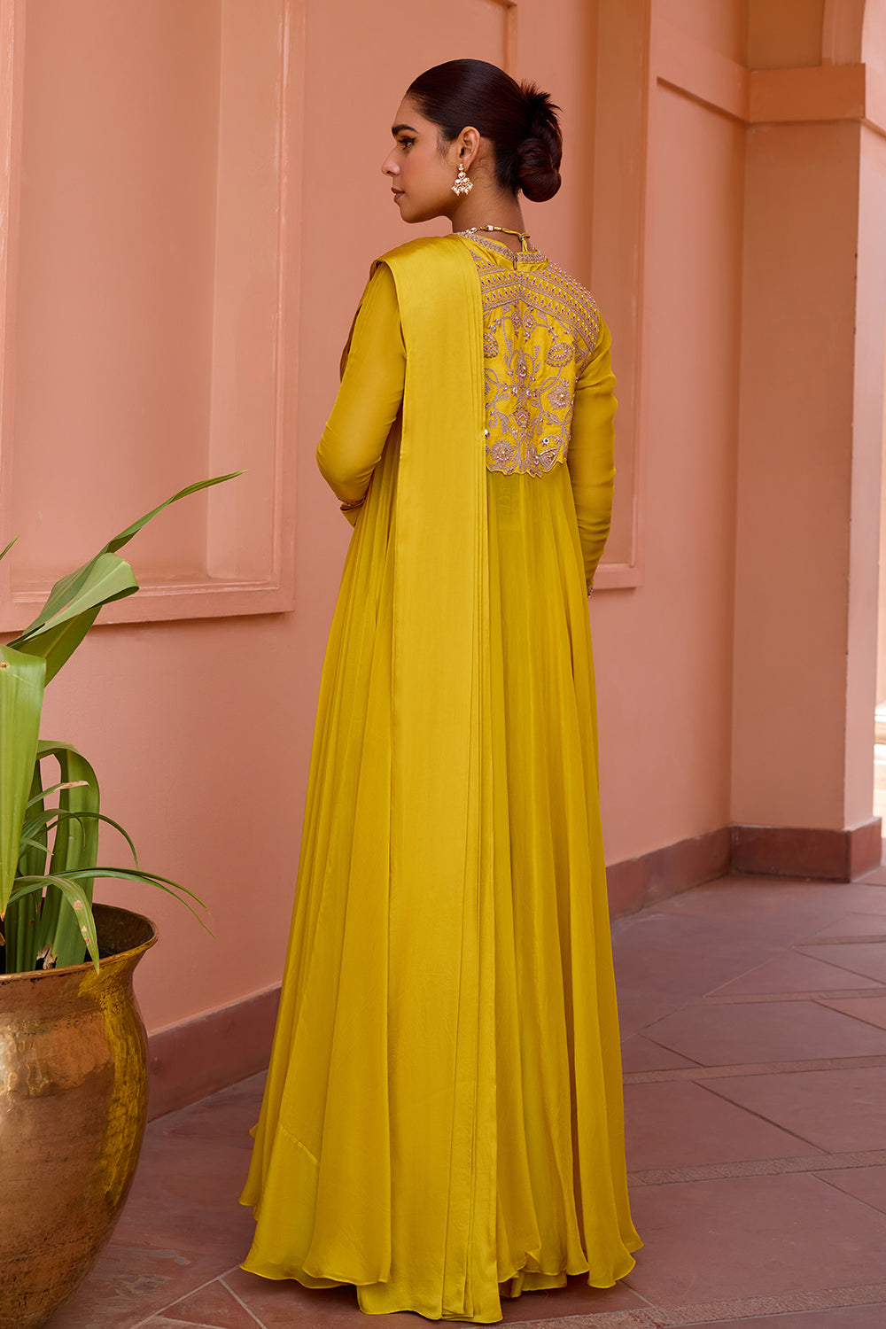 Yellow embroidered organza cape jacket with pre drape saree set