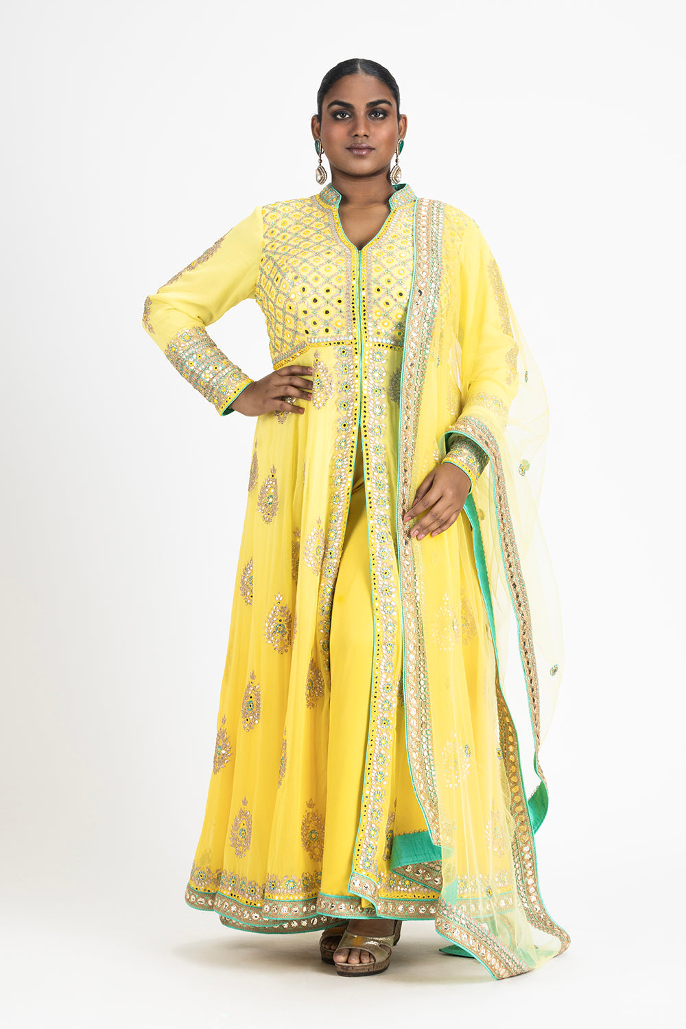Yellow Ombre Dyed Kalidar Georgette Jacket with Net Dupatta And Palazo
